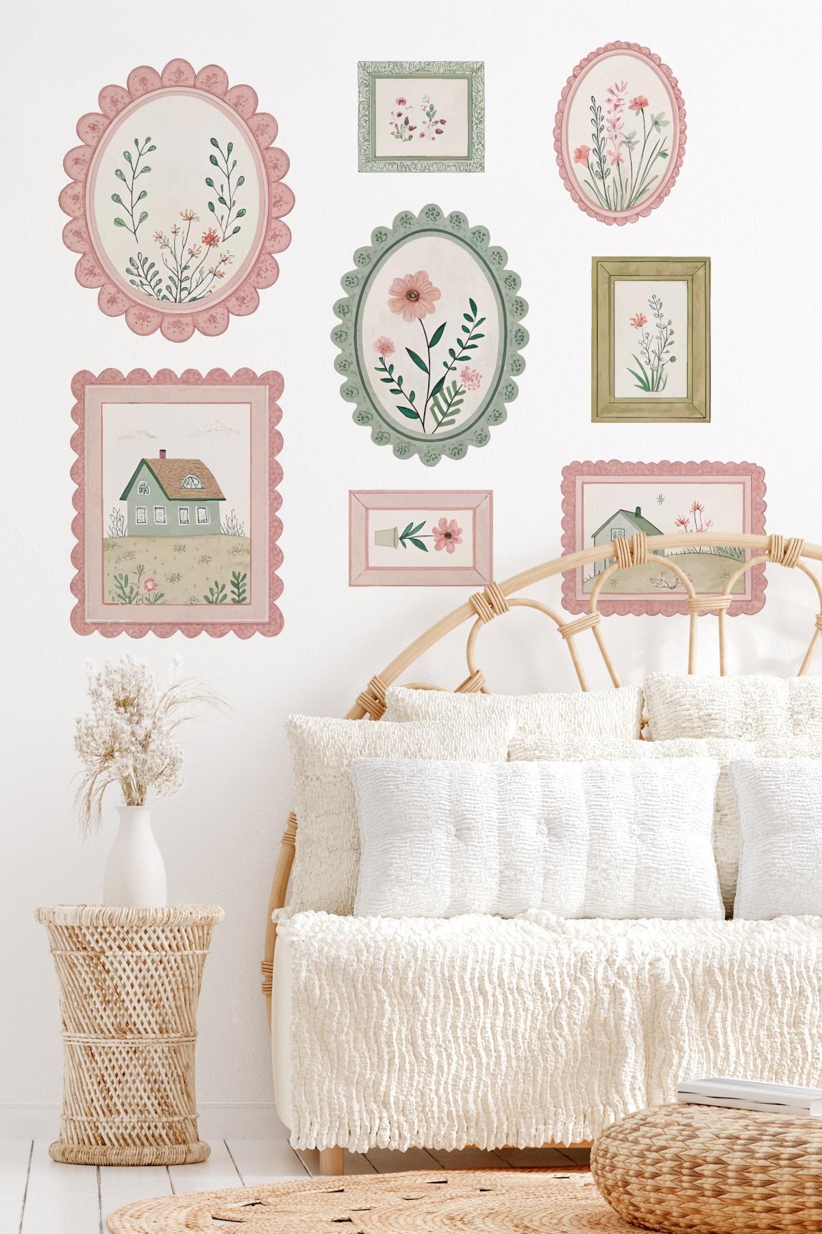 Pastoral Efektli Baharın Neşesi Temalı Çerçeve Görünümlü Sticker Poster Seti 8 Parça 