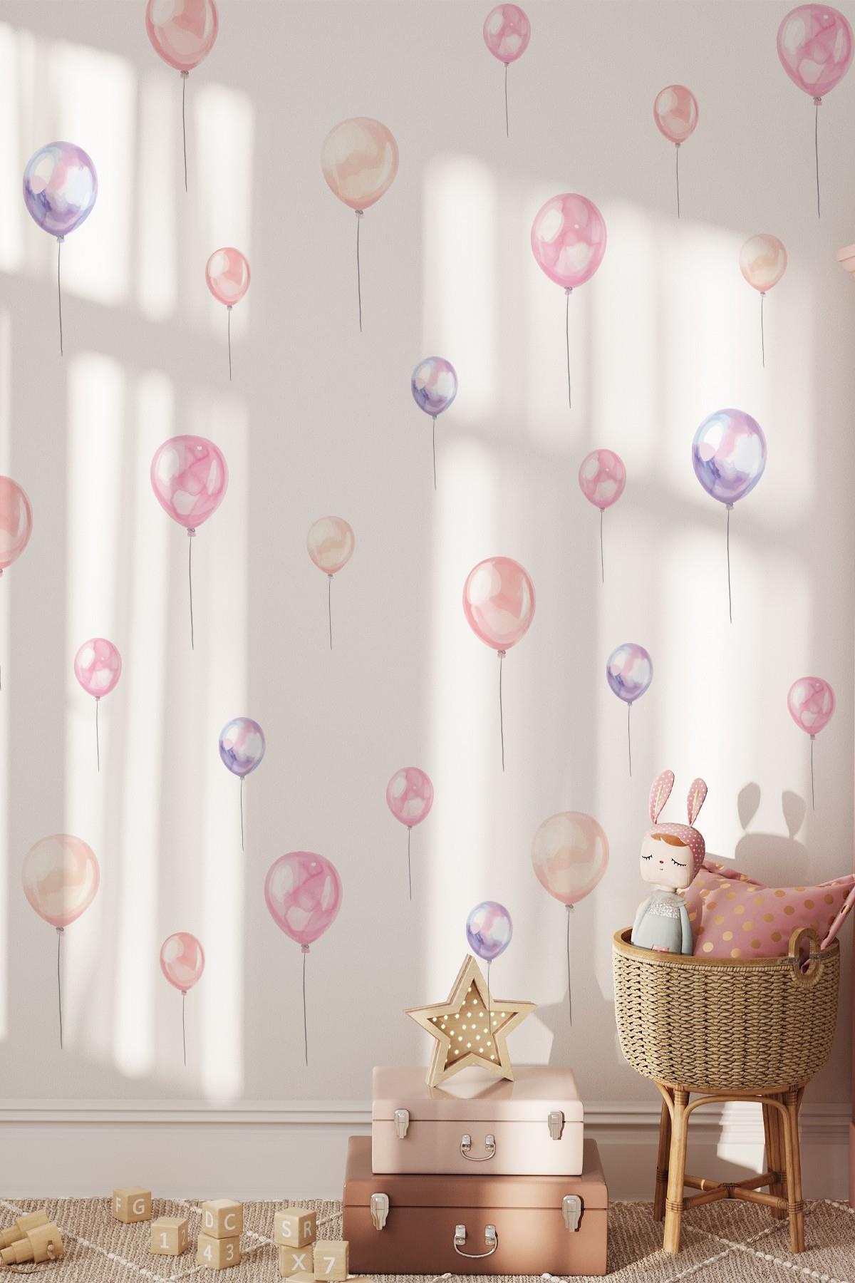 Pembe Tonlarda Balonlar Sticker Seti Çocuk Bebek Odası Duvar Dekorasyon Stickerı Balonlu Set