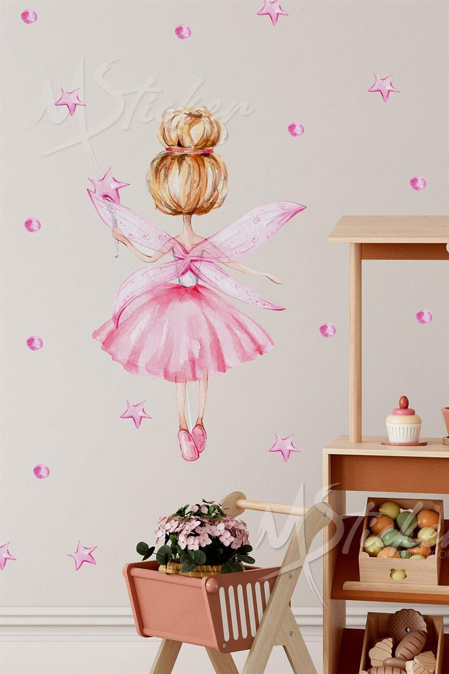 Peri Kızı Balerin Yıldızlar ve Puantiyeler Çocuk Bebek Odası Duvar Cam Sticker Seti