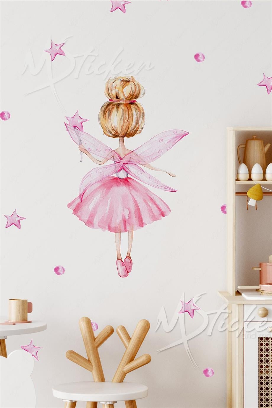 Peri Kızı Balerin Yıldızlar ve Puantiyeler Çocuk Bebek Odası Duvar Cam Sticker Seti