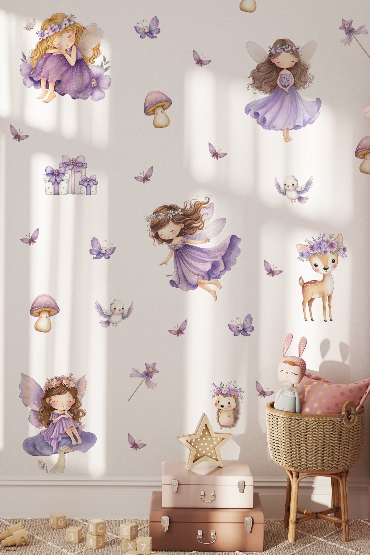 Peri Kızlar Duvar Sticker Seti 51 Parça | Lila Çocuk Odası Duvar Stickerı | Premium PVC Duvar Süsü