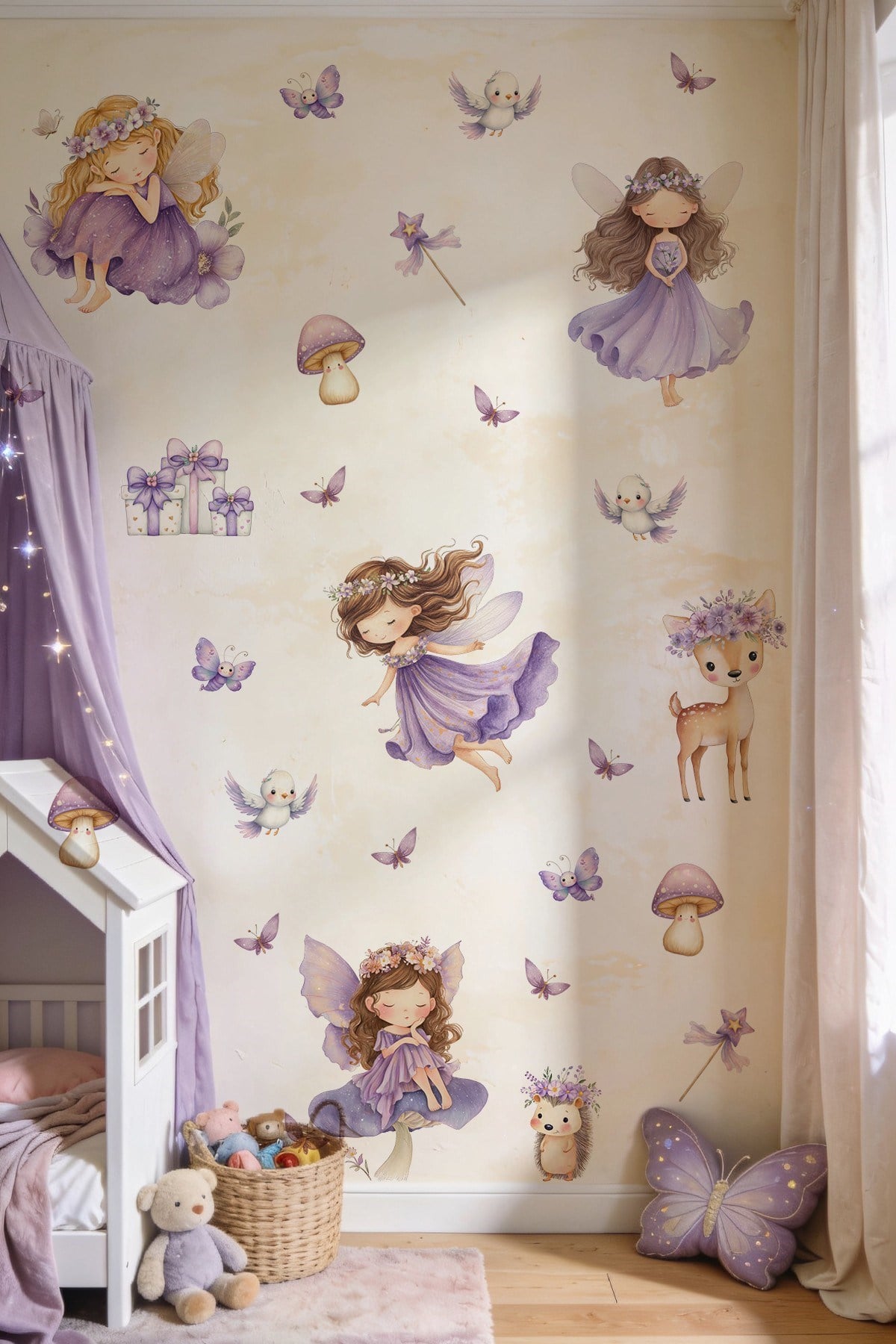 Peri Kızlar Duvar Sticker Seti 51 Parça | Lila Çocuk Odası Duvar Stickerı | Premium PVC Duvar Süsü