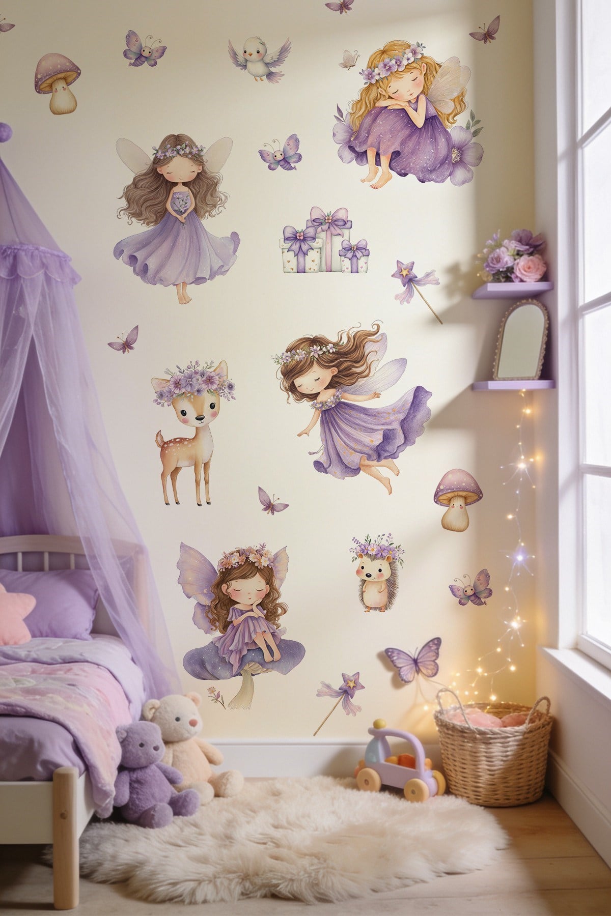 Peri Kızlar Duvar Sticker Seti 51 Parça | Lila Çocuk Odası Duvar Stickerı | Premium PVC Duvar Süsü
