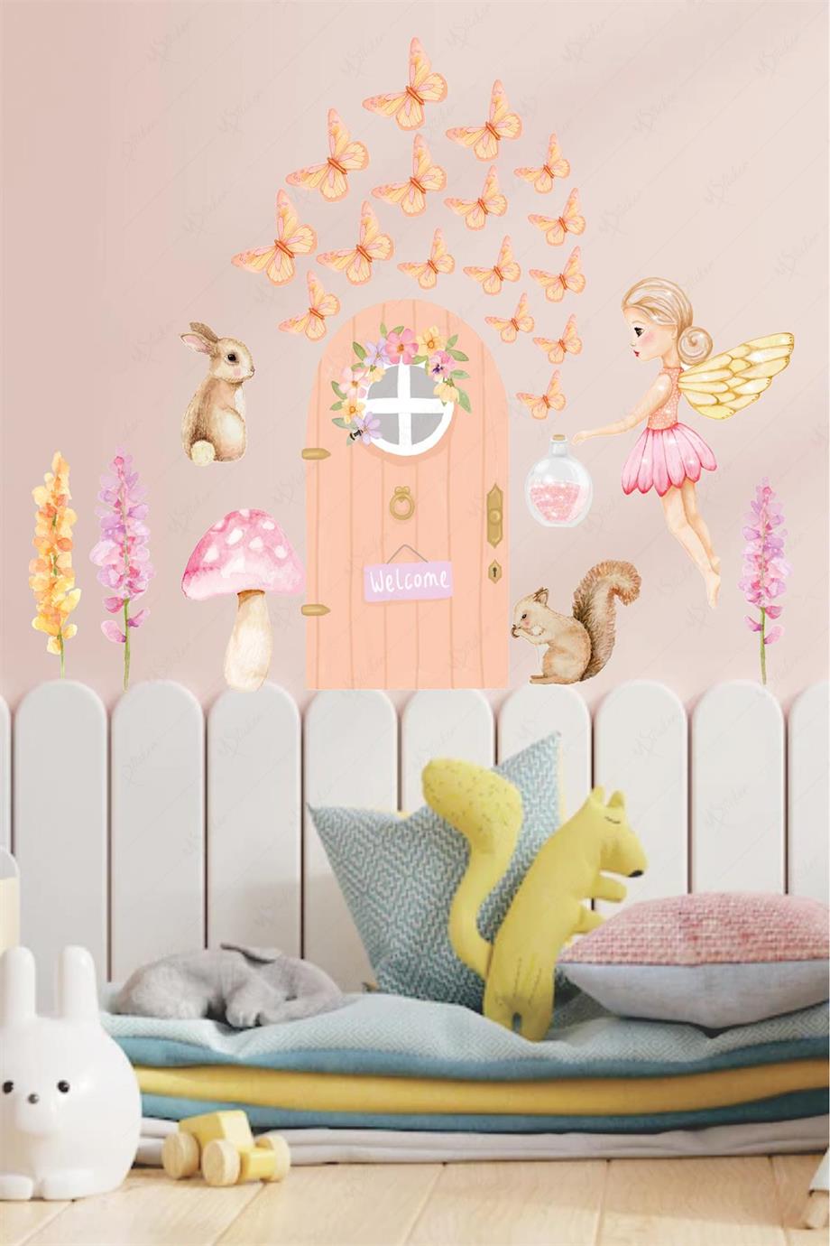 Peri Masalı Sticker Seti , Pembe Peri ve Orman Masalı Cam Duvar Dolap Sticker Seti