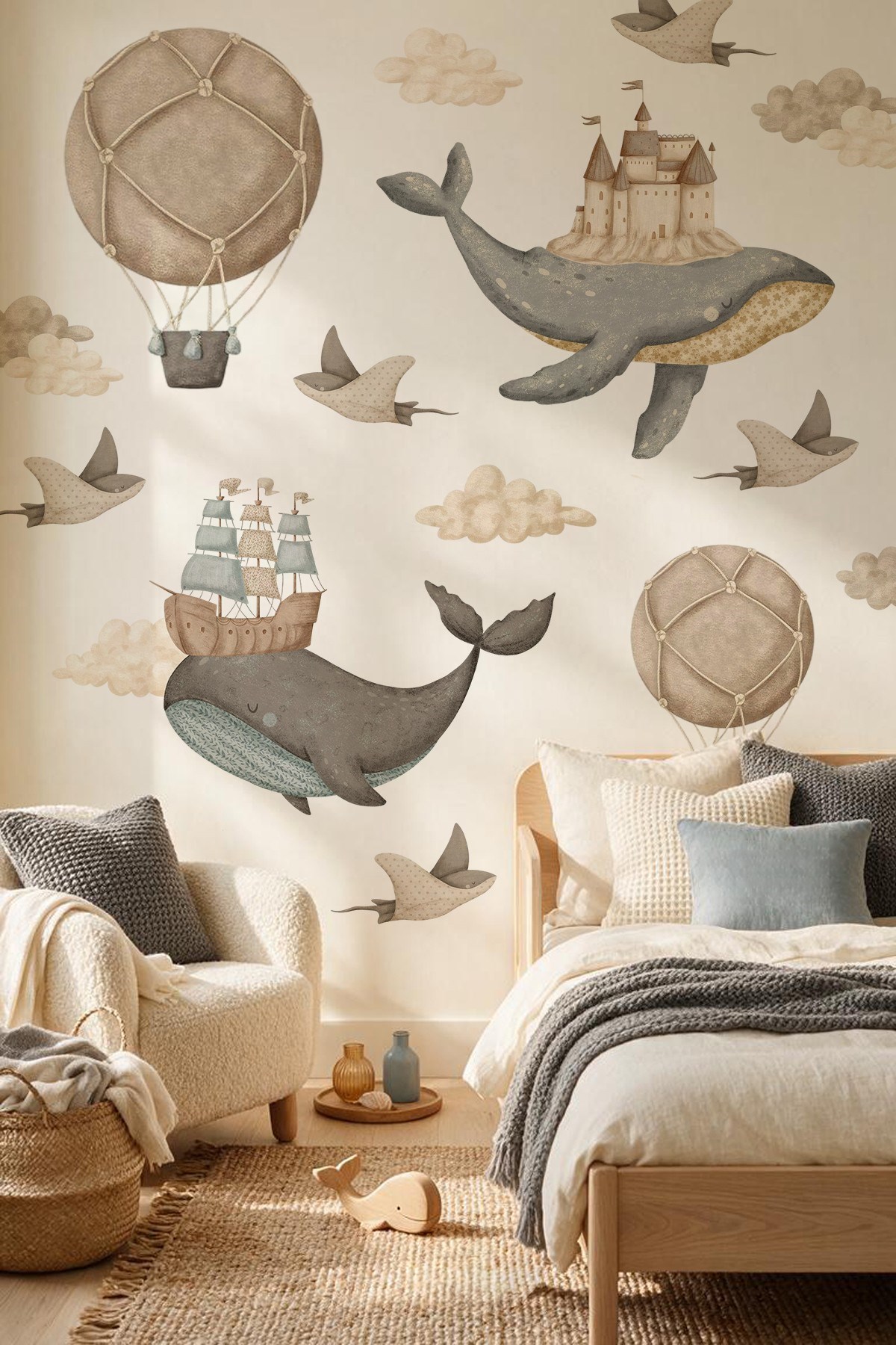 Premium Boho Balina Duvar Sticker Seti 18 Parça | Bebek & Çocuk Odası Kendinden Yapışkanlı Sticker