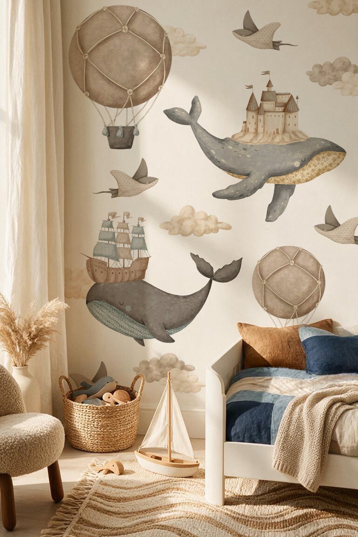 Premium Boho Balina Duvar Sticker Seti 18 Parça | Bebek & Çocuk Odası Kendinden Yapışkanlı Sticker