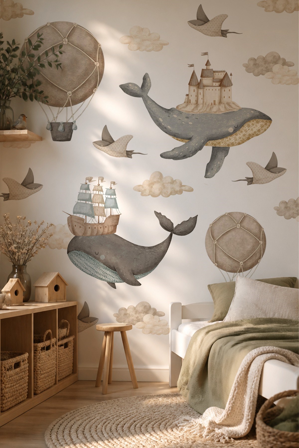 Premium Boho Balina Duvar Sticker Seti 18 Parça | Bebek & Çocuk Odası Kendinden Yapışkanlı Sticker