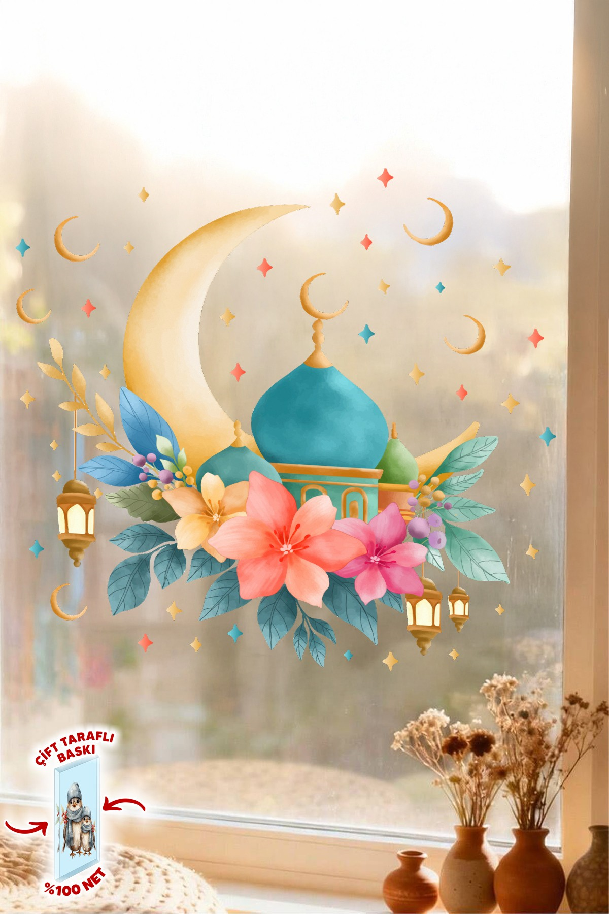 Ramazan Ayı Cam Sticker Seti | Çift Taraflı %100 Net | Ay, Cami ve Fener Desenli Pencere Süsü 29x30