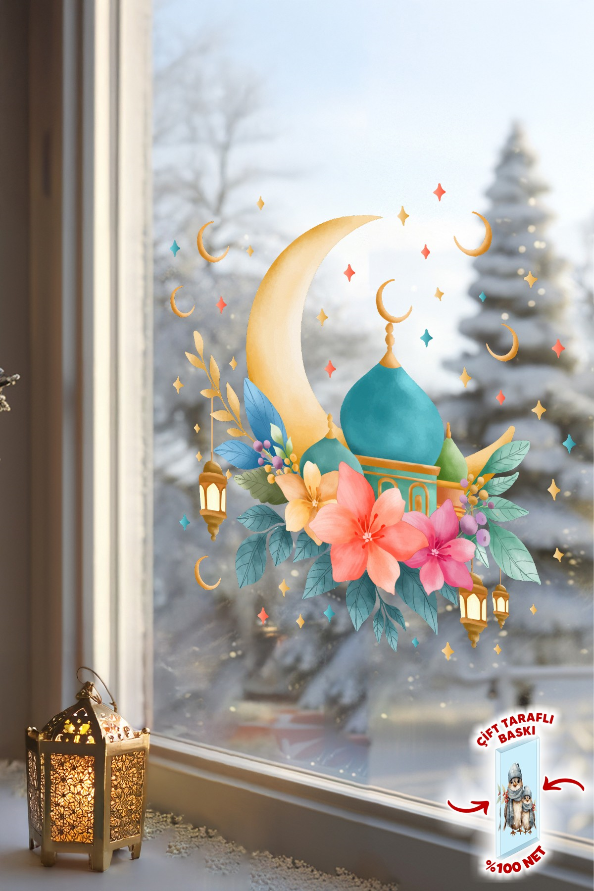 Ramazan Ayı Cam Sticker Seti | Çift Taraflı %100 Net | Ay, Cami ve Fener Desenli Pencere Süsü 29x30
