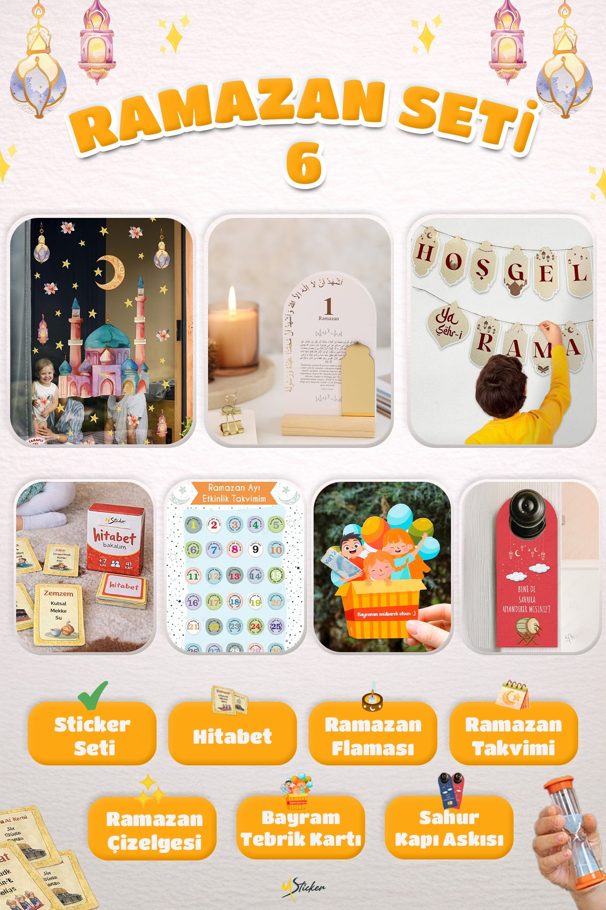Ramazan Ayı Sticker Oyun ve Etkinlik Seti,7 li set Çocuklar için Ramazan Süsleme ve Etkinlik Seti6
