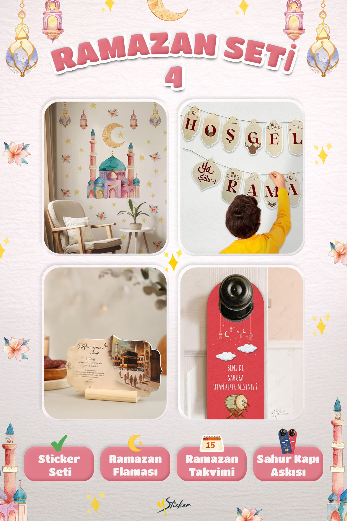 Ramazan Ayı Sticker Oyun ve Etkinlik Seti, 4 lü set Çocuklar için Ramazan Süsleme ve Etkinlik Seti4