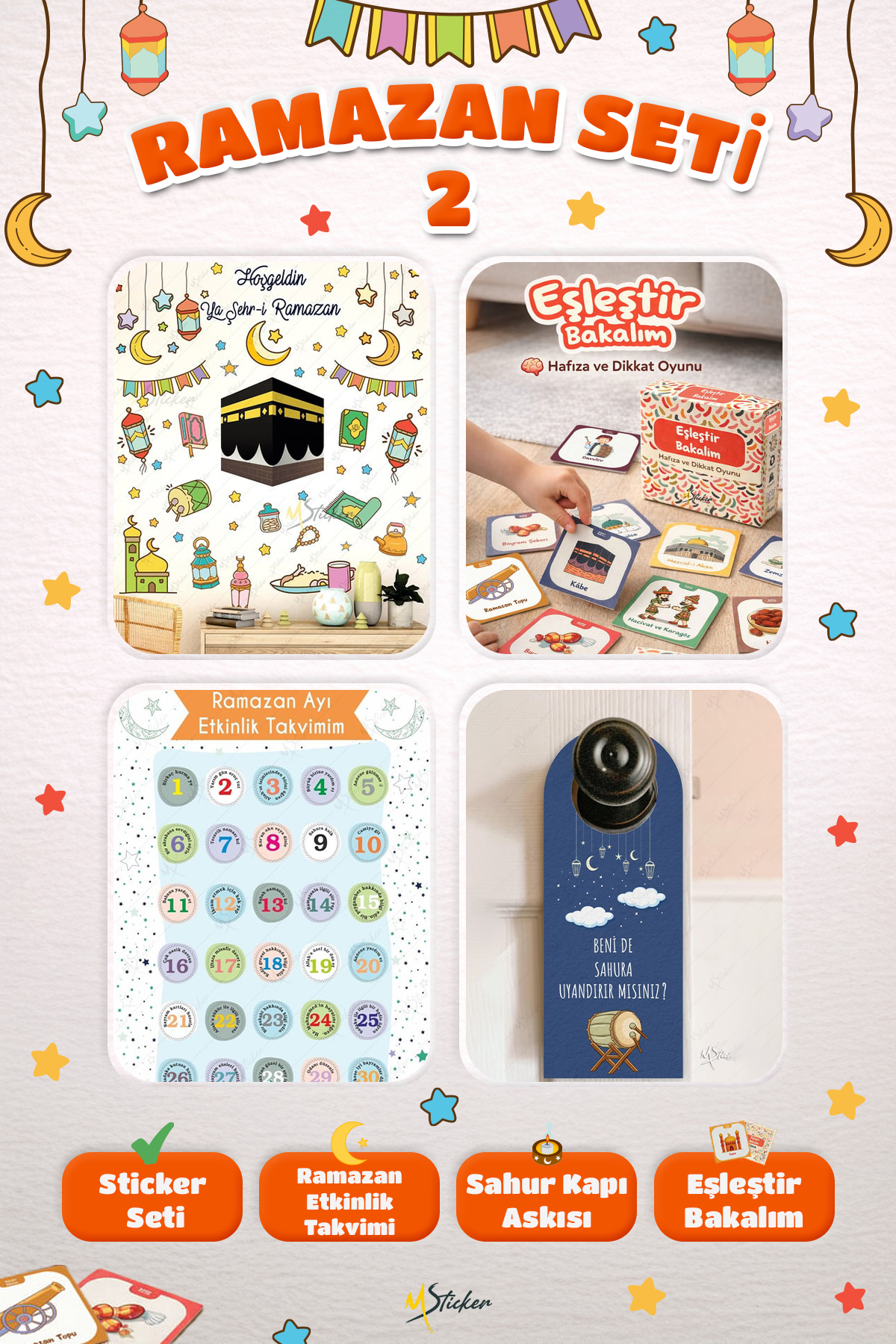 Ramazan Ayı Sticker Oyun ve Etkinlik Seti, 4 Lü Set Çocuklar için Ramazan Süsleme ve Etkinlik Seti2