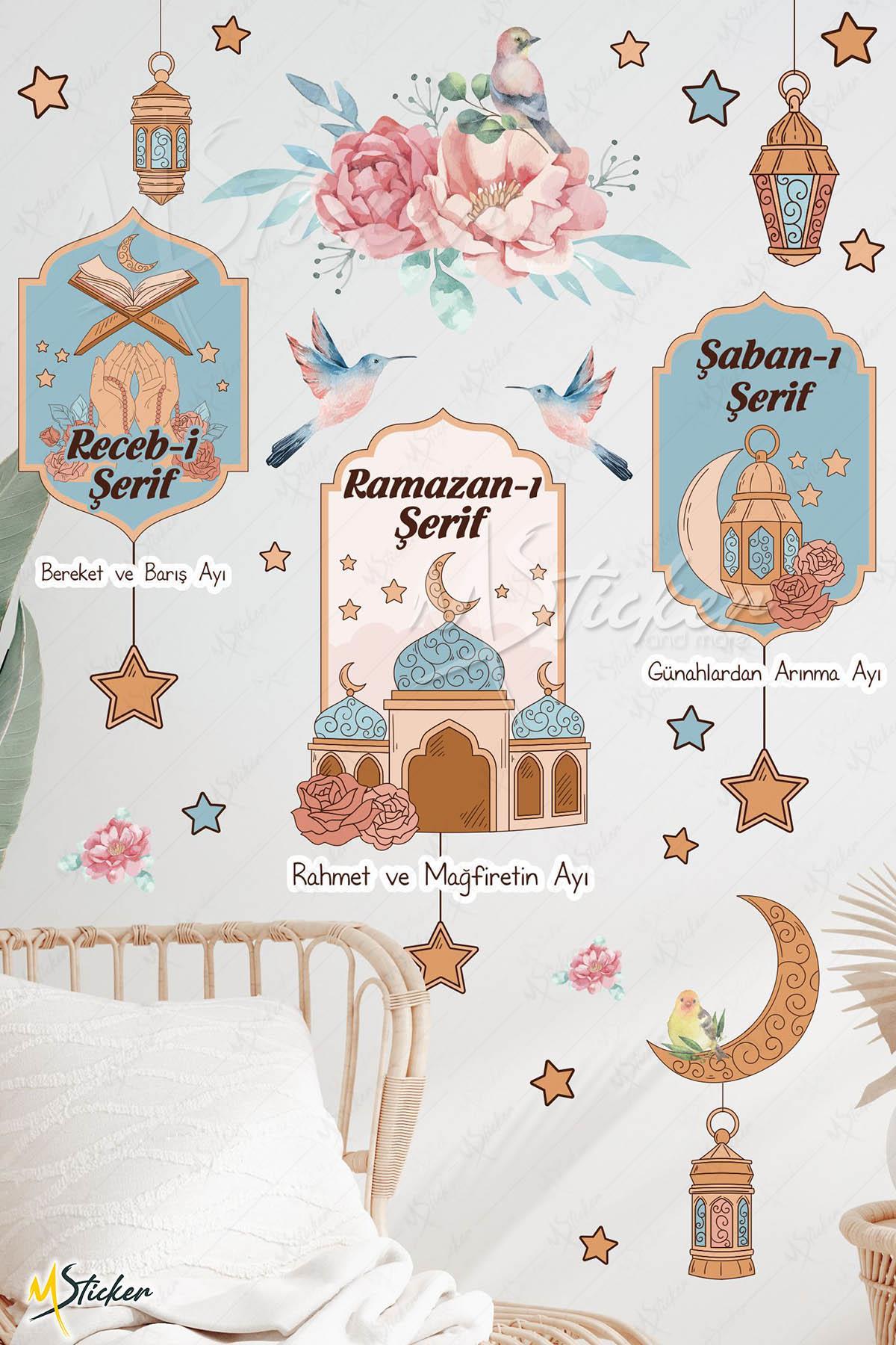 Ramazan Ayı ve 3 Aylar Temalı Dekoratif Duvar Cam Sticker Seti Hoşgeldin Ramazan, Recep Şaban Ayı