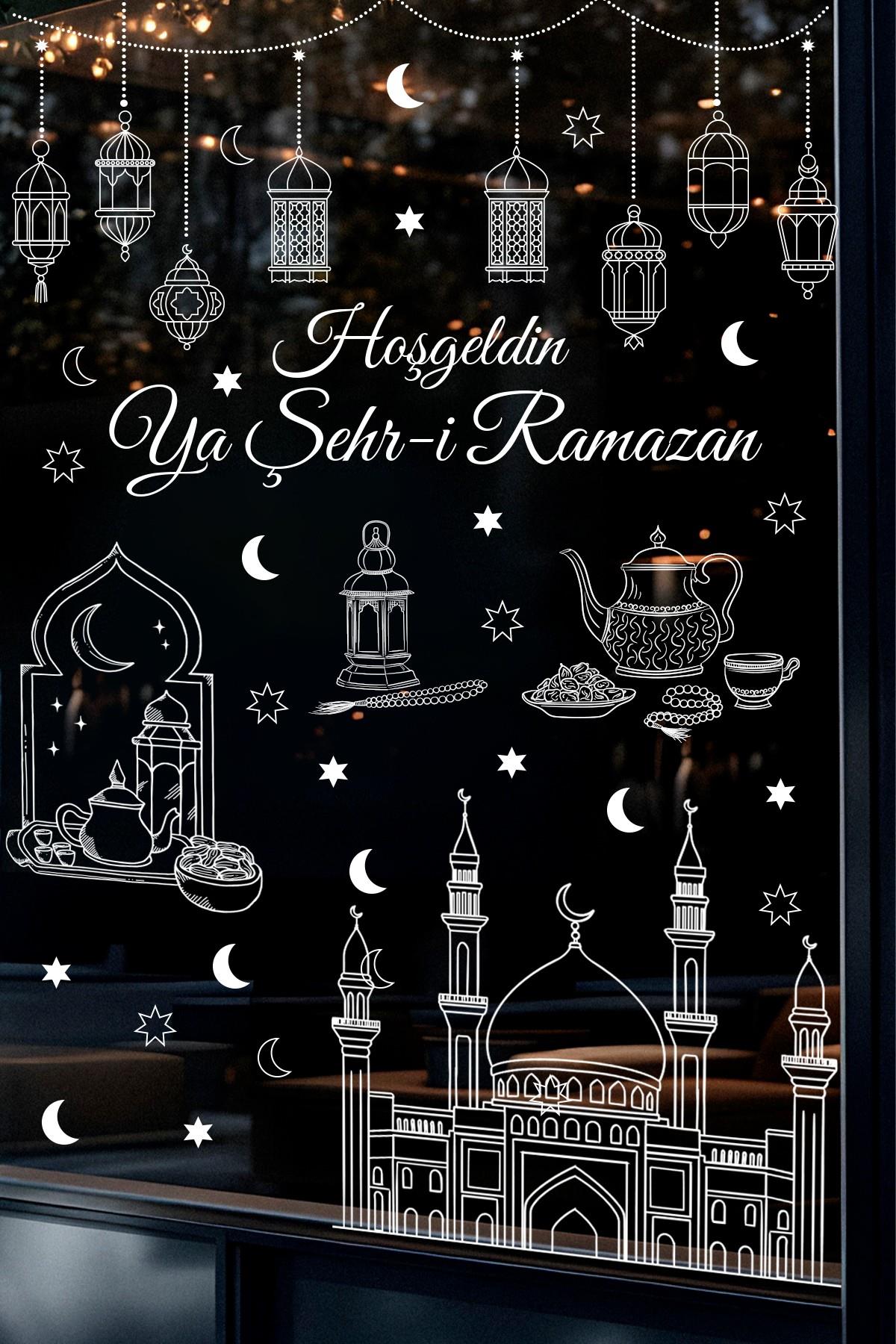 Ramazan Cam Sticker Seti – Hoşgeldin Ya Şehr-i Ramazan Yazılı, Çift Taraflı Şeffaf Pencere Süsü