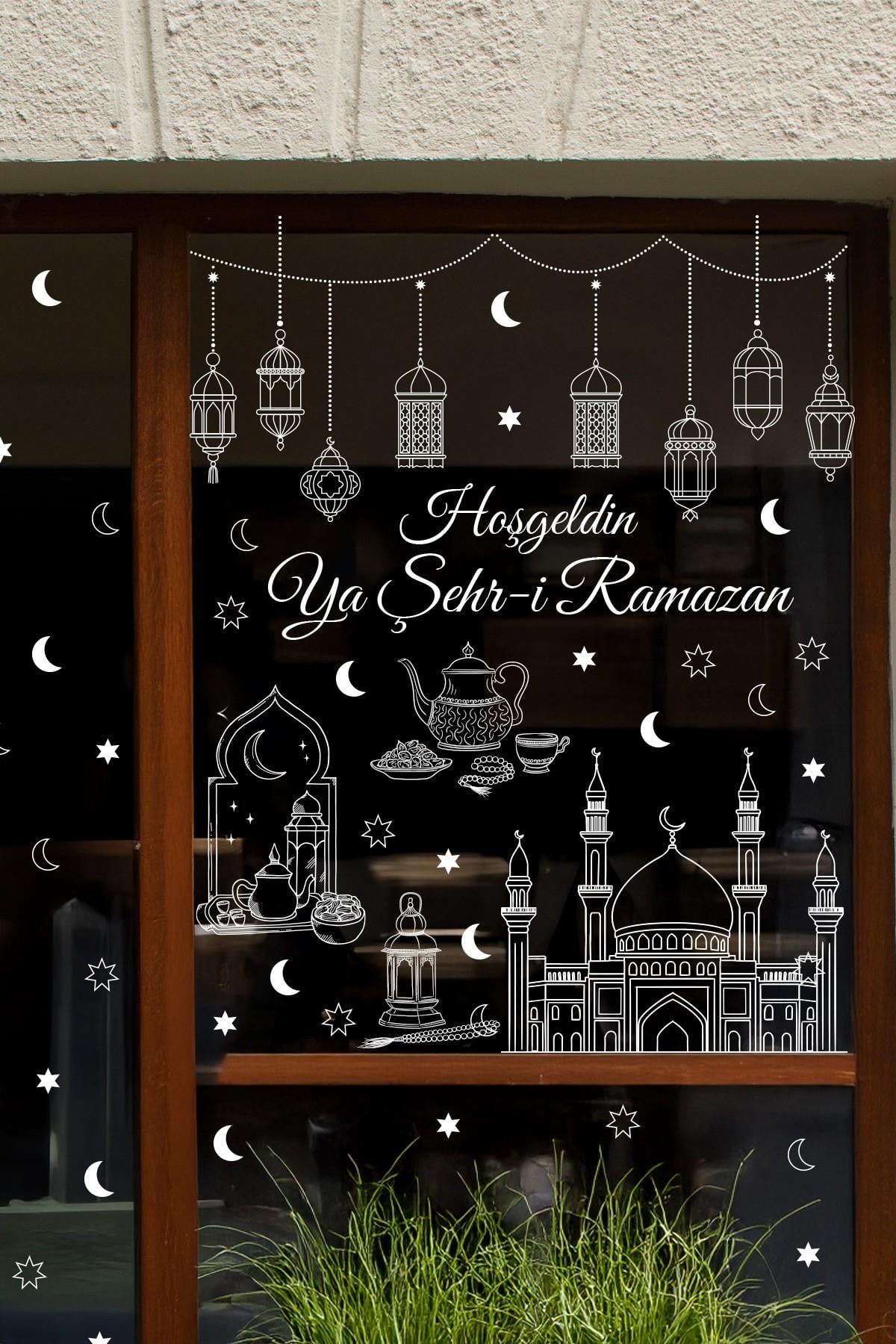 Ramazan Cam Sticker Seti – Hoşgeldin Ya Şehr-i Ramazan Yazılı, Çift Taraflı Şeffaf Pencere Süsü