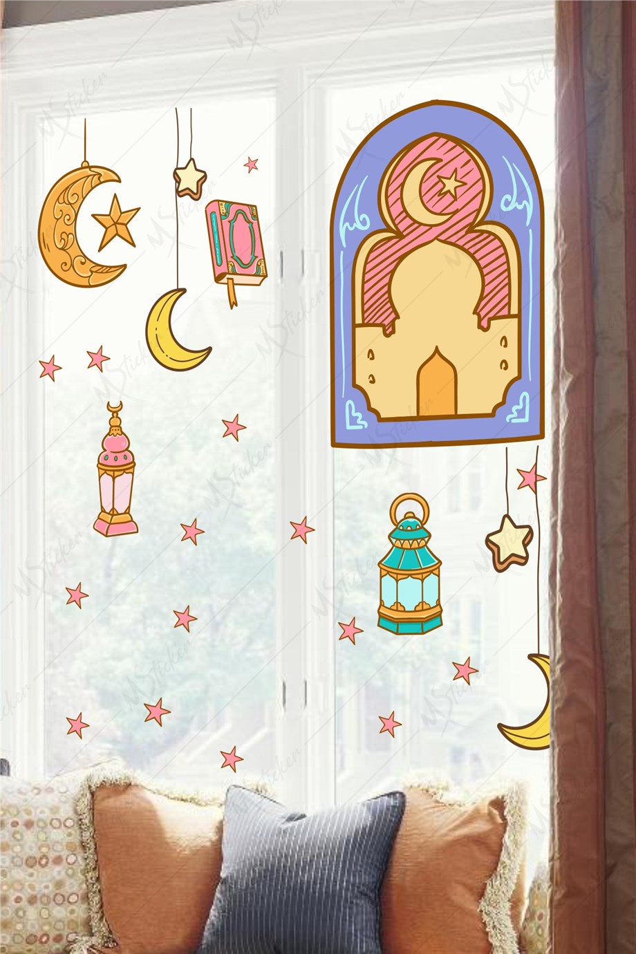 Ramazan Fener Ay Yıldızlar Cam Duvar Dekorasyon Sticker Seti