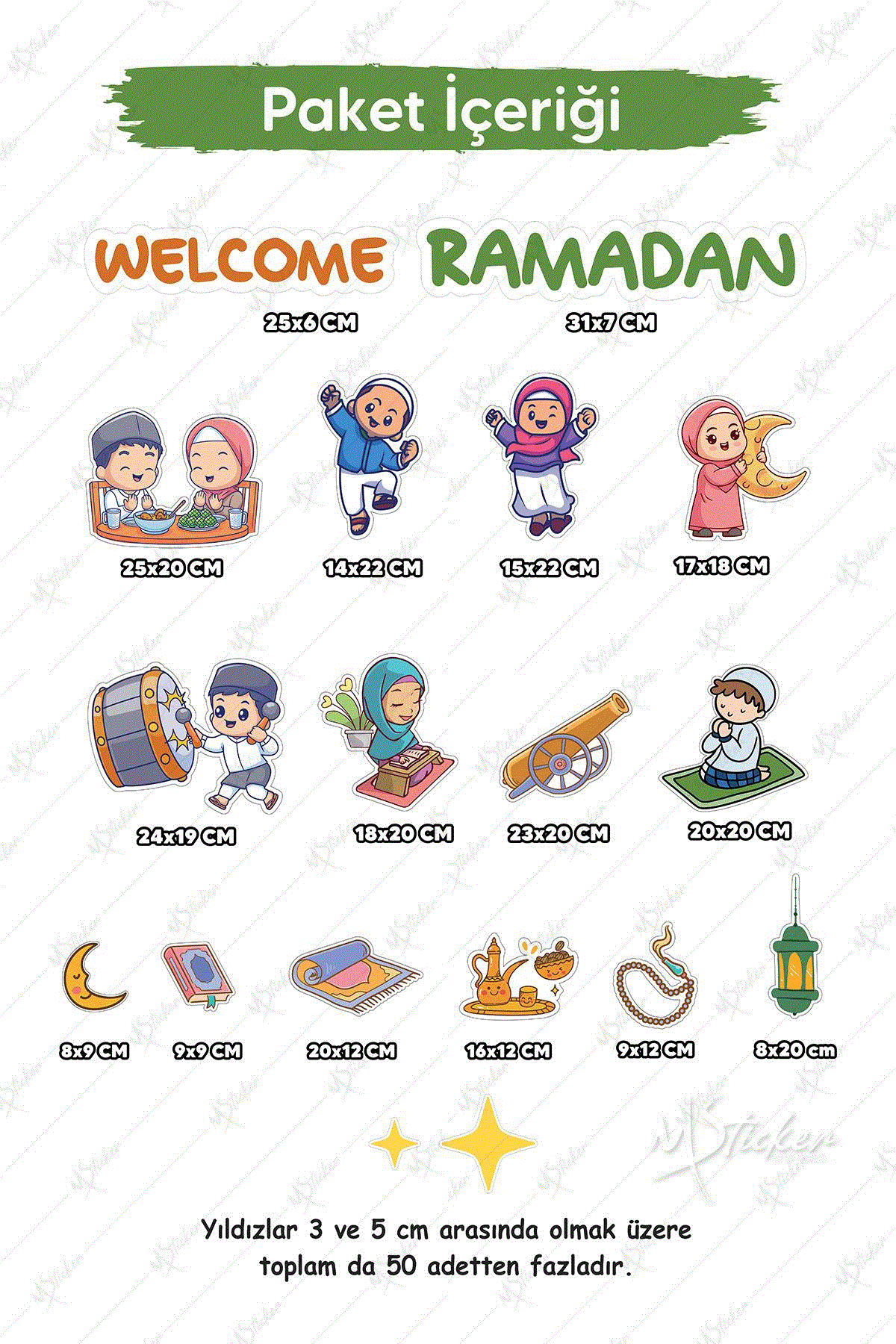 Ramazan Geldi Hoş Geldi İngilizce Cam Duvar Sticker Seti, Ramazanı Coşkuyla Karşılayan Çocuklar Ramazan Süsü