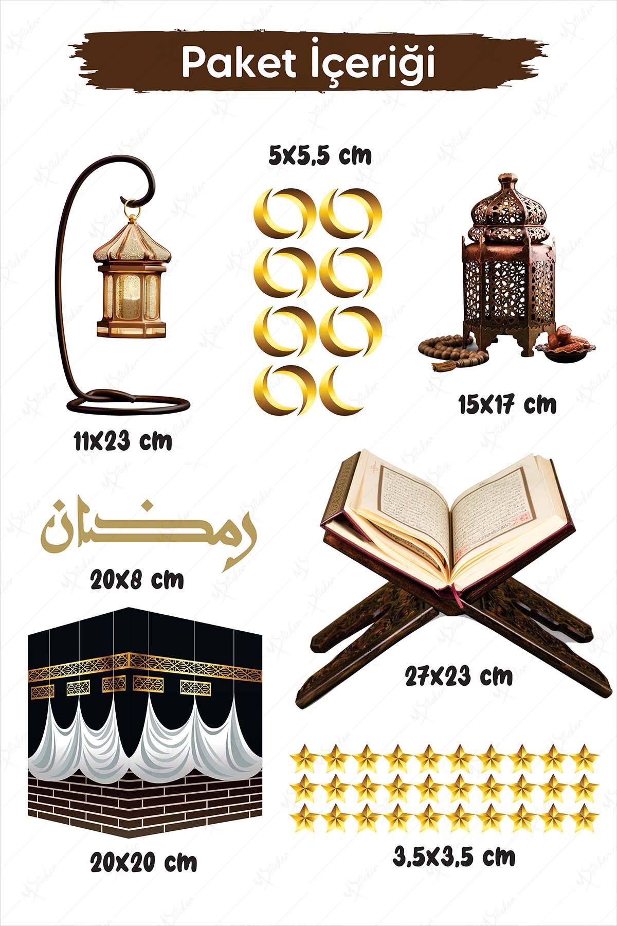 Ramazan Temalı Kabeli ve Kuranı Kerim Figürlü Cam Duvar Çocuk odası Sticker Seti Ramazan Süsü