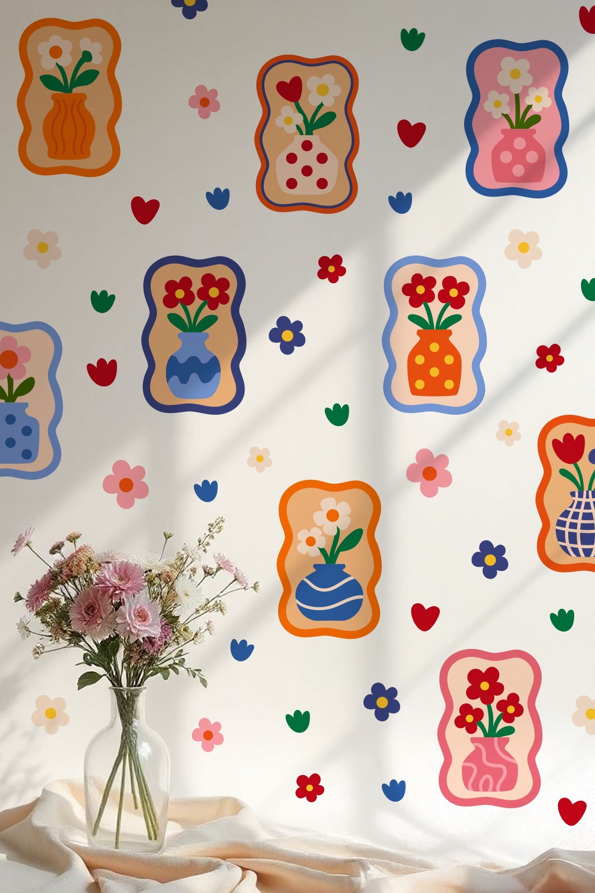 Renkli Çiçekli Vazo Duvar Sticker Seti – 68 Parça, 9 Model, Çocuk Odası & Salon Dekorasyonu