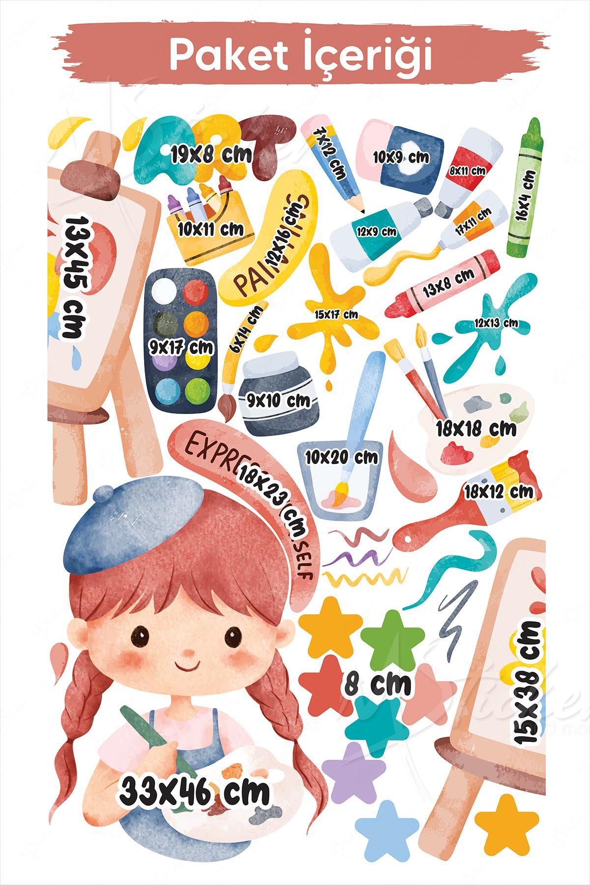 Ressam Kız Sticker Seti, Resim Yapan Çocuk ve Boyalar Sevimli Eğlenceli Cam Duvar Sticker Seti 