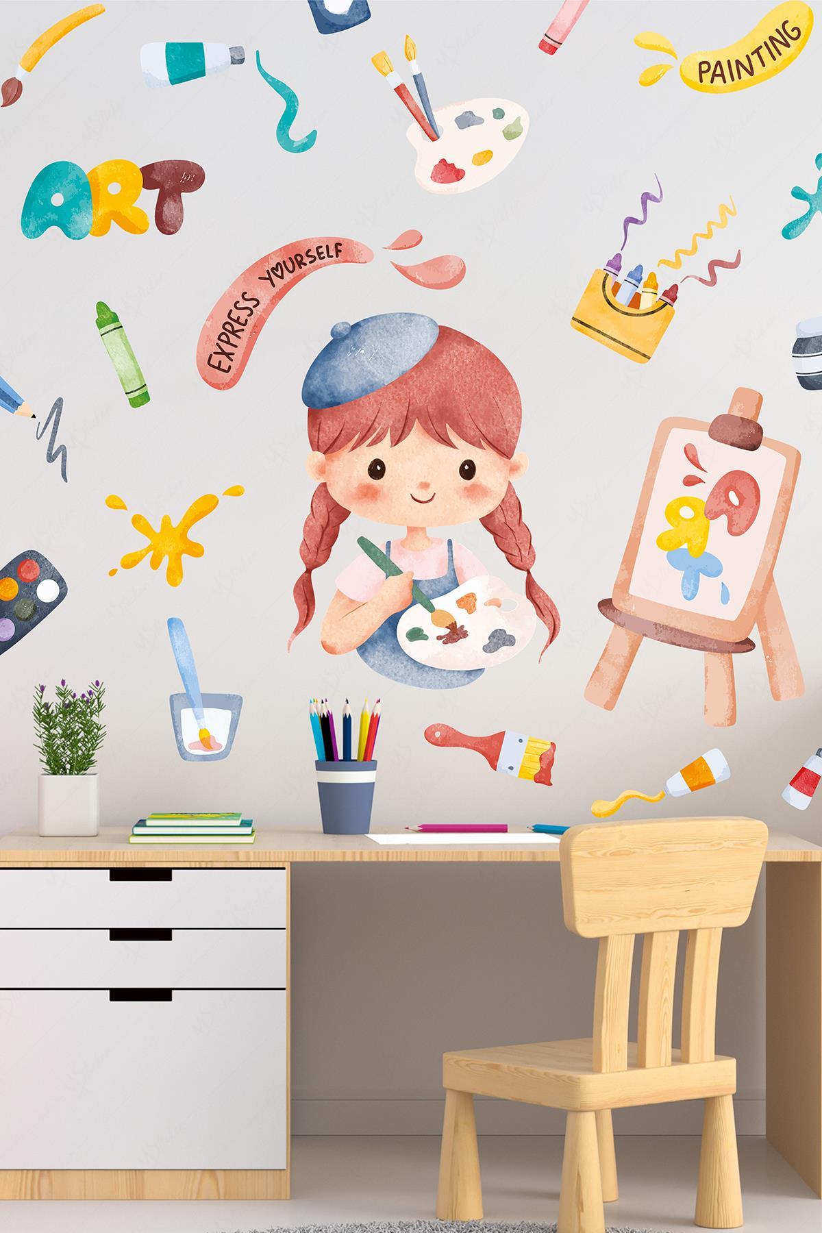 Ressam Kız Sticker Seti, Resim Yapan Çocuk ve Boyalar Sevimli Eğlenceli Cam Duvar Sticker Seti 