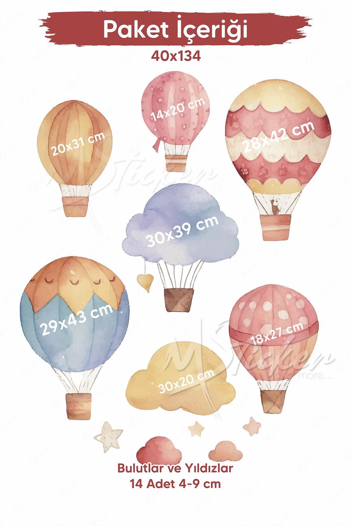 Retro Soft Renklerde Balonlar ve Bulutlar Çocuk Bebek Odası Duvar Cam Sticker Seti