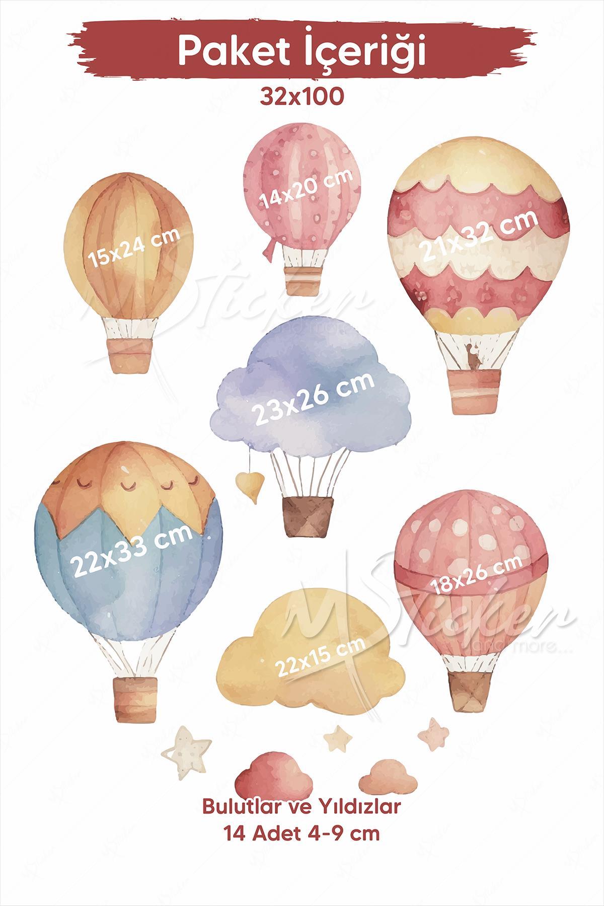 Retro Soft Renklerde Balonlar ve Bulutlar Çocuk Bebek Odası Duvar Cam Sticker Seti