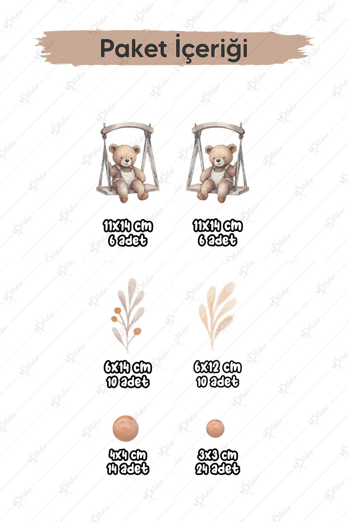 Salıncakta Sevimli Ayıcıklar Çiçekler ve Puantiyeler Çocuk Bebek Odası Sticker Seti