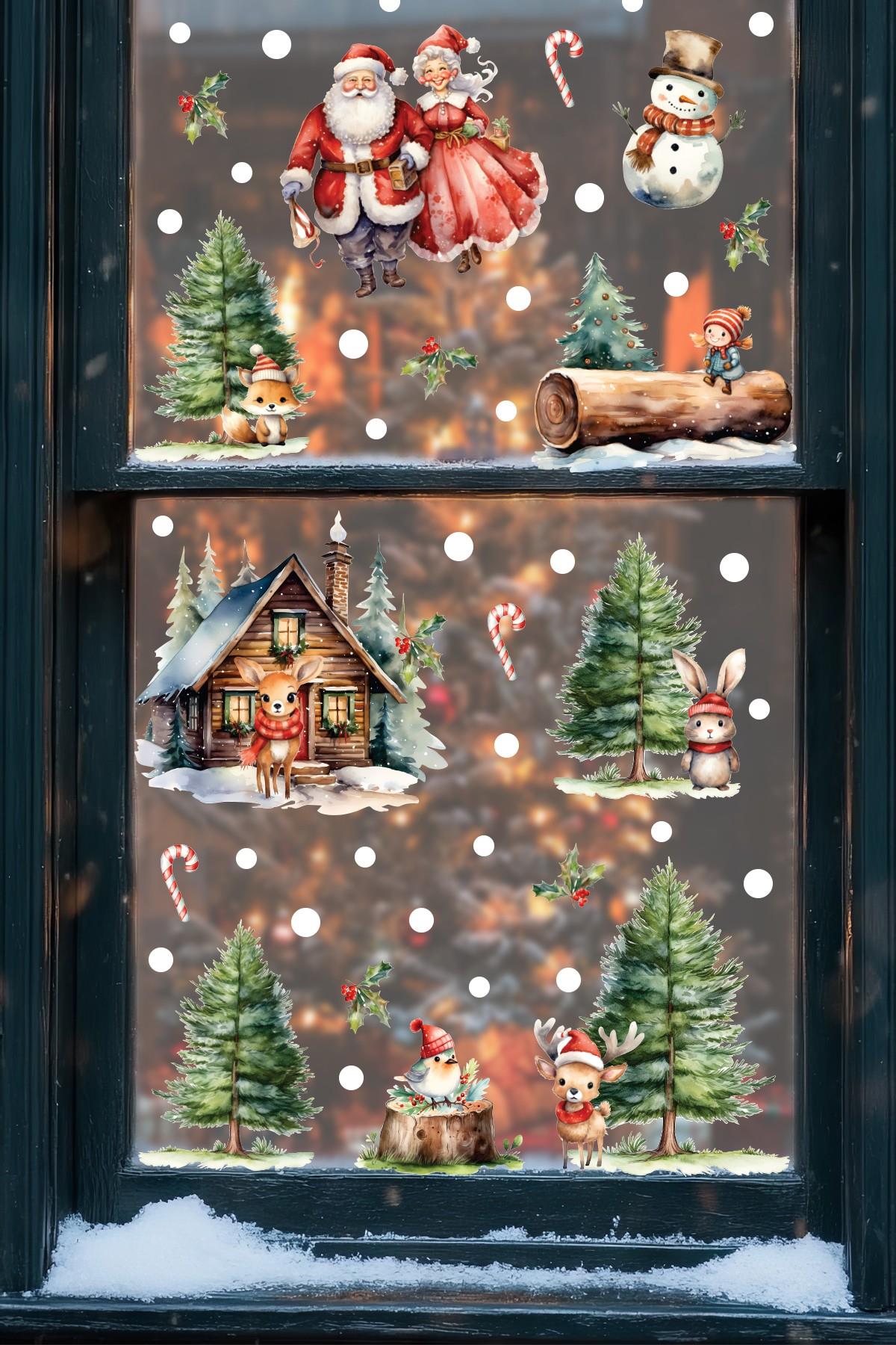 Santa & Kış Masalı Çift Taraflı Cam Sticker Seti – Büyük Boy Figürlü Yılbaşı Dekoru
