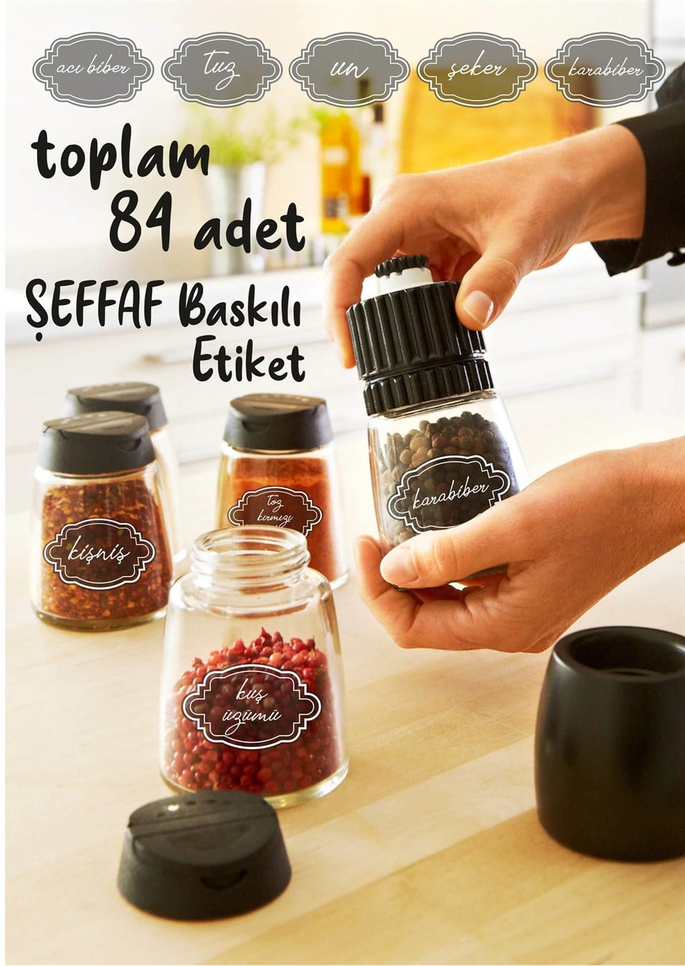 Şeffaf Baskılı Kavanoz Etiketi-Baharatlık Sticker-Özel Kesim 84 Parça