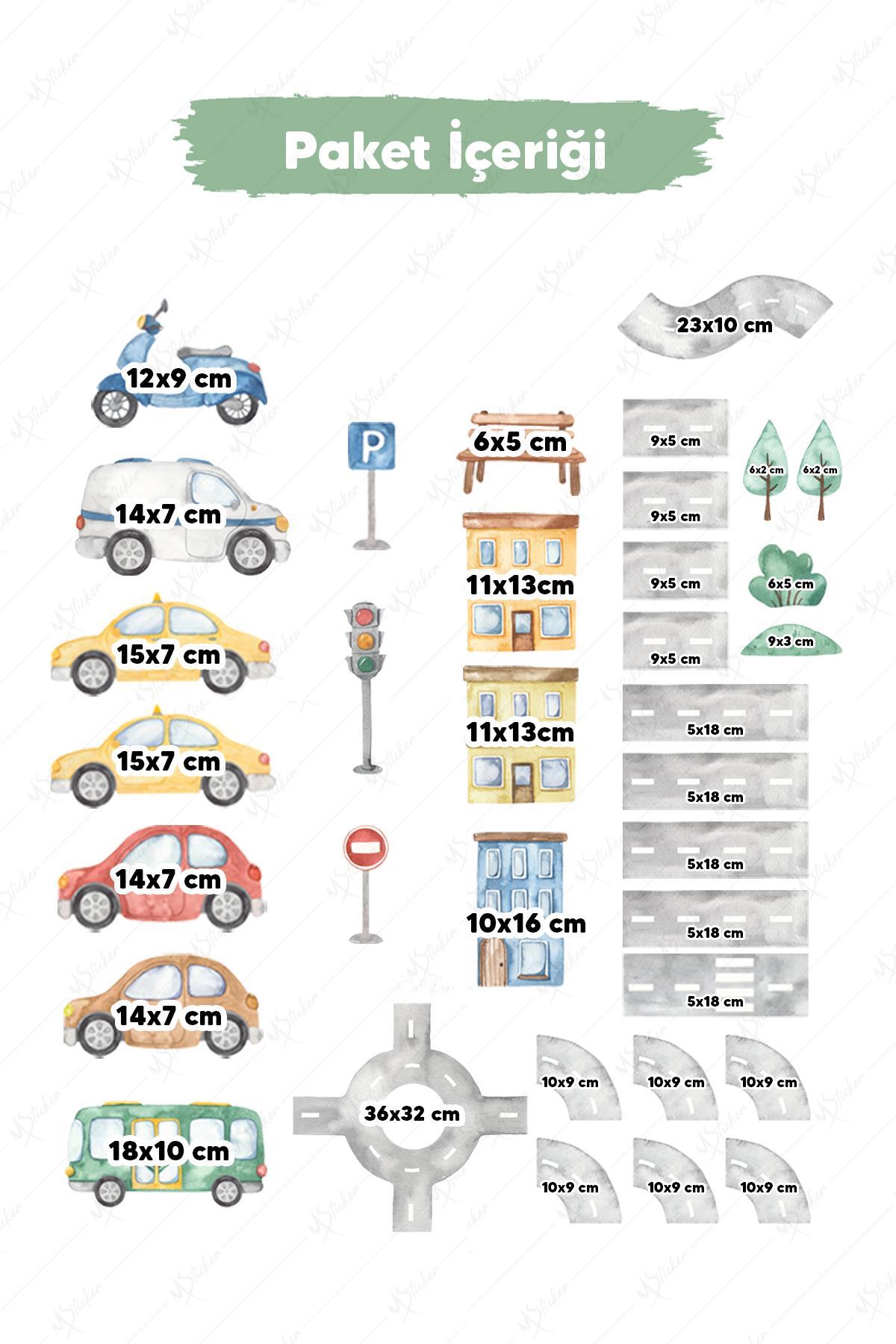 Şehir Trafik Figürler Arabalar Yollar Ağaçlar ve Evler Sticker Seti, Hayalgücünü Geliştiren Sticker