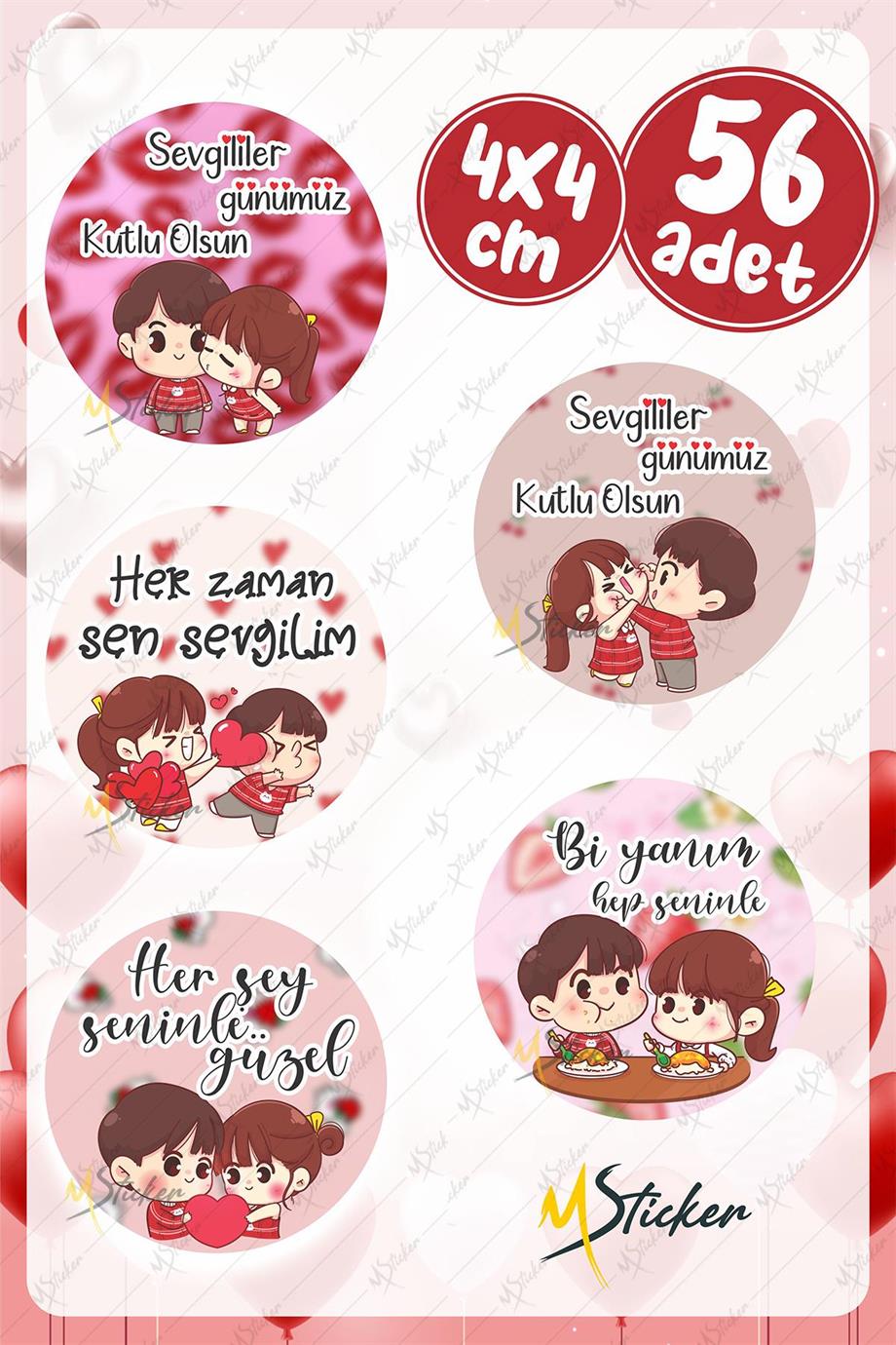 Sevgililer Günü 4 CM 56 Adet Yuvarlak Özel Kesimli Sticker Etiket