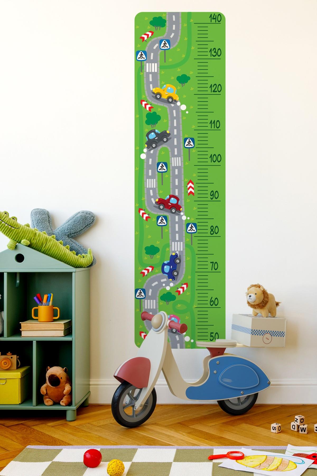 Sevimli Arabalar ve Trafik Temalı Boy Ölçer Sticker Seti Tüm Yüzeylere Boy Cetveli Sticker