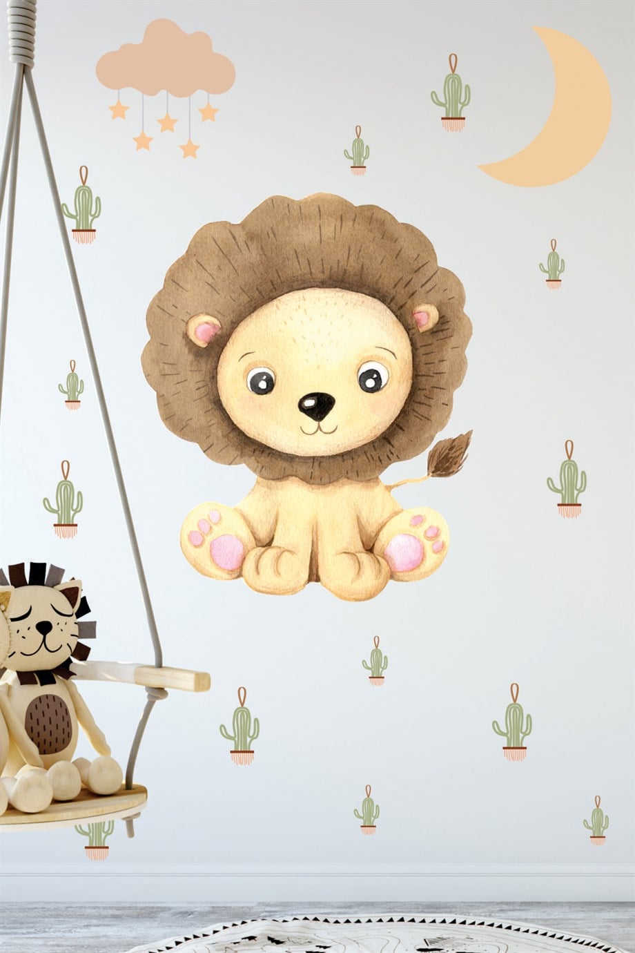 Sevimli Aslan Ay Ve Kaktüsler Çocuk Bebek Odası Duvar Sticker Seti