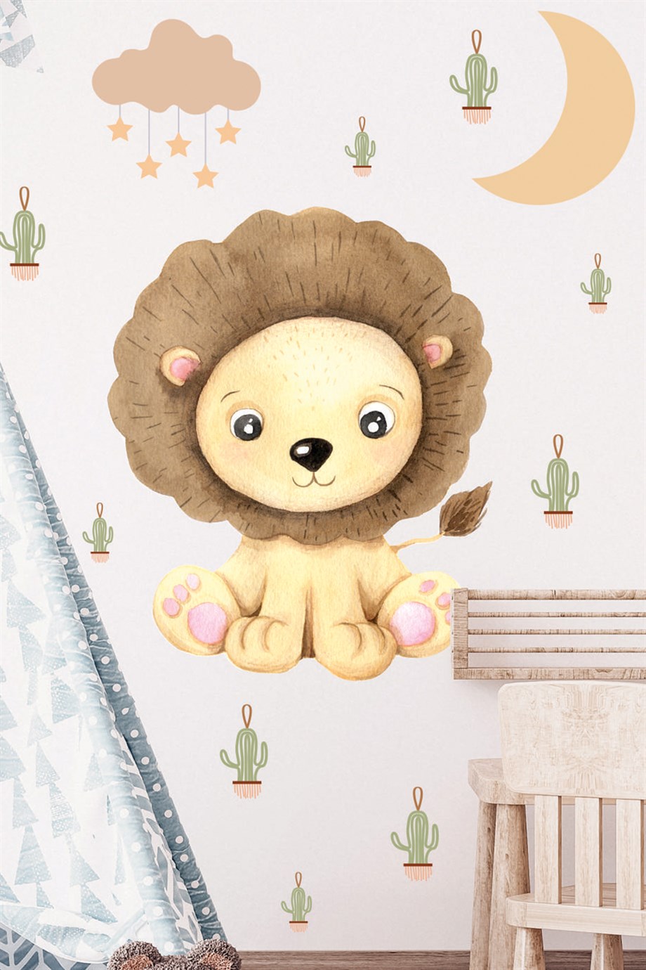 Sevimli Aslan Ay Ve Kaktüsler Çocuk Bebek Odası Duvar Sticker Seti