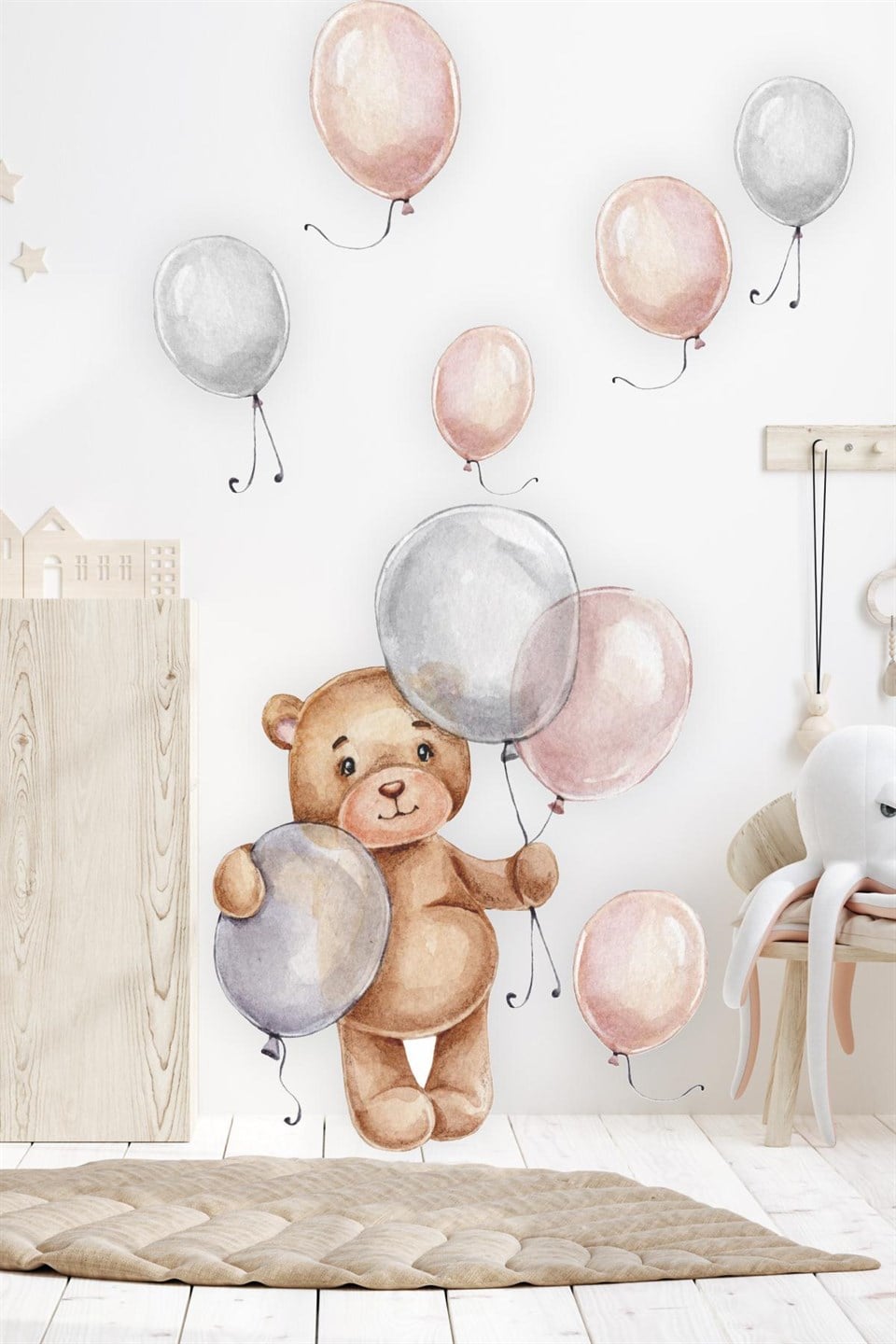 Sevimli Ayıcık ve Balonlar Çocuk Bebek Odası Sticker Seti