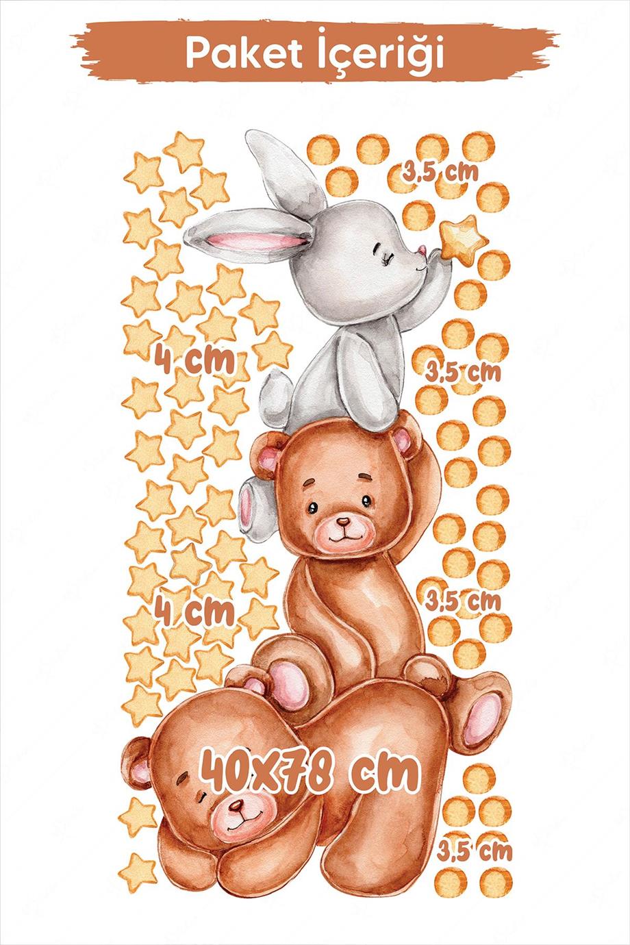 Sevimli Ayıcıklar, Tavşan, Yıldız ve Puantiyeler Çocuk Bebek Odası Duvar Sticker Seti