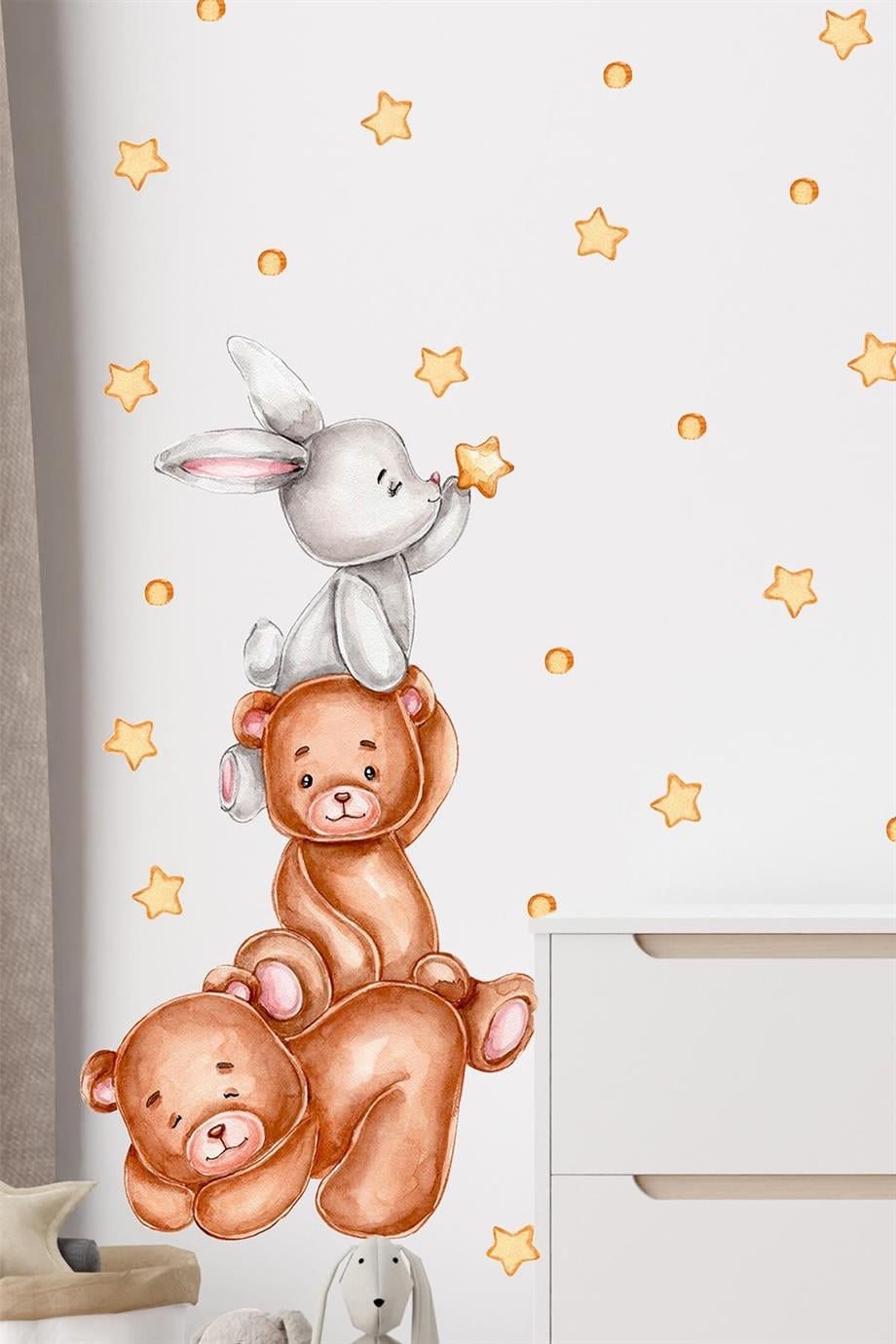 Sevimli Ayıcıklar, Tavşan, Yıldız ve Puantiyeler Çocuk Bebek Odası Duvar Sticker Seti