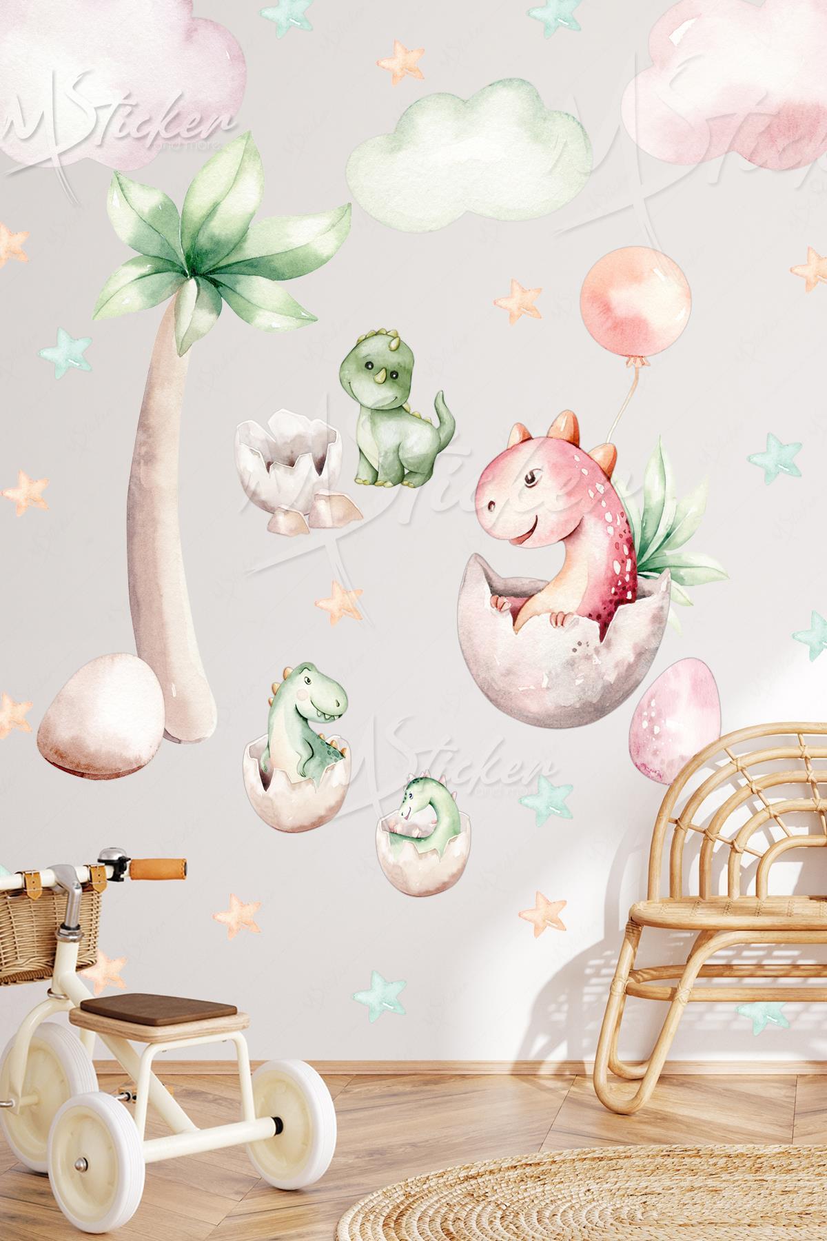 Sevimli Bebek Dinazorlar Bulutlar ve Yıldızlar Çocuk Bebek Odası Cam Duvar Sticker Seti
