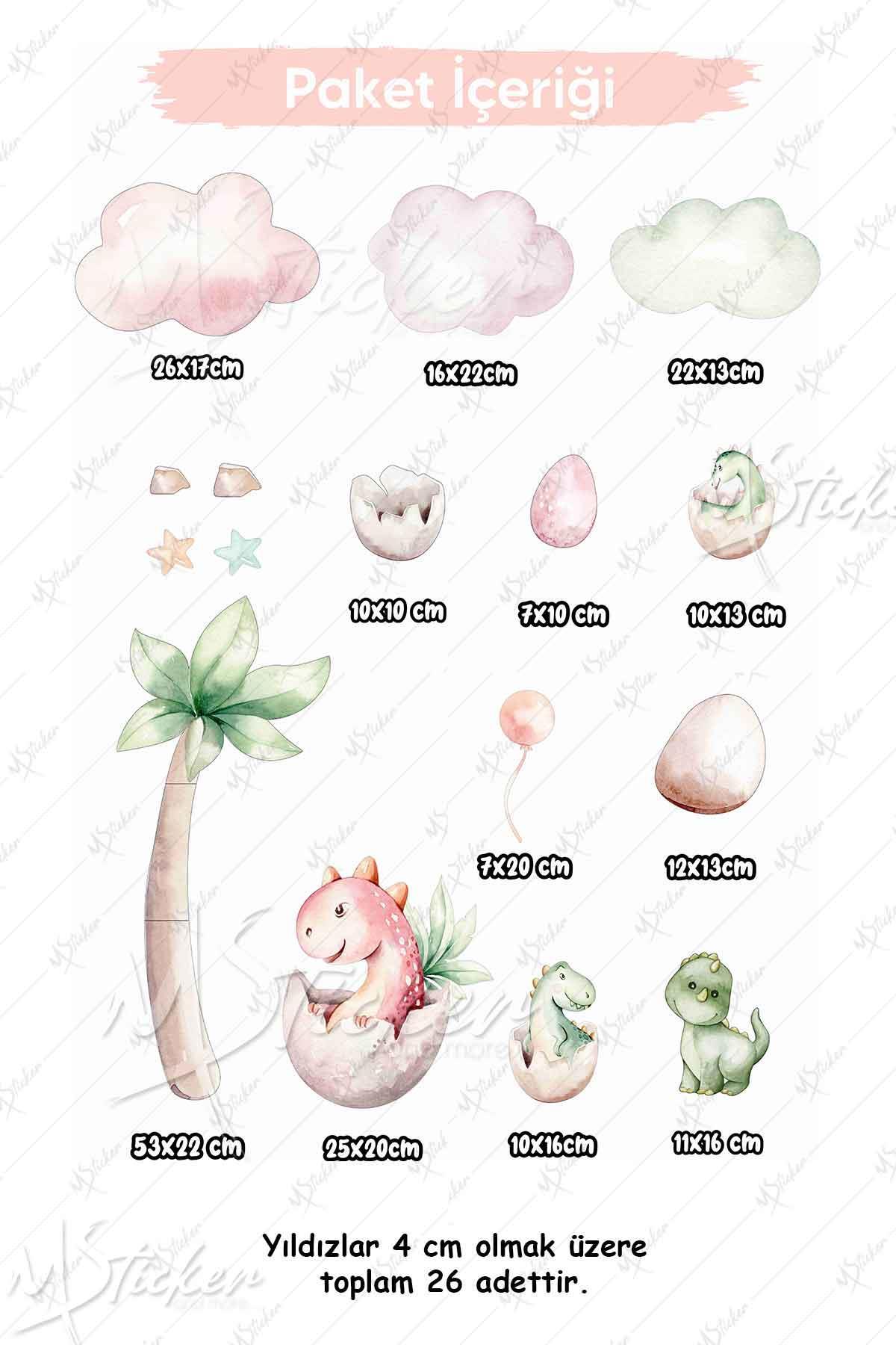 Sevimli Bebek Dinazorlar Bulutlar ve Yıldızlar Çocuk Bebek Odası Cam Duvar Sticker Seti
