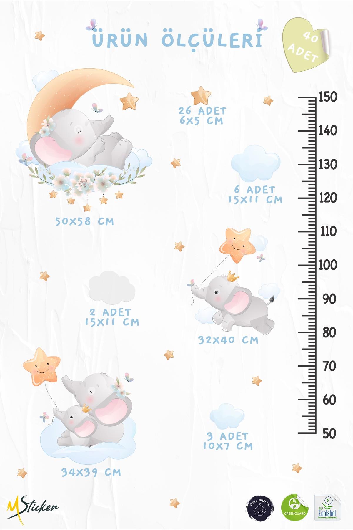 Sevimli Filler Yıldızlar ve Bulutlar Temalı Temalı Boy Ölçer Boy Cetveli Sticker Seti Çocuk 