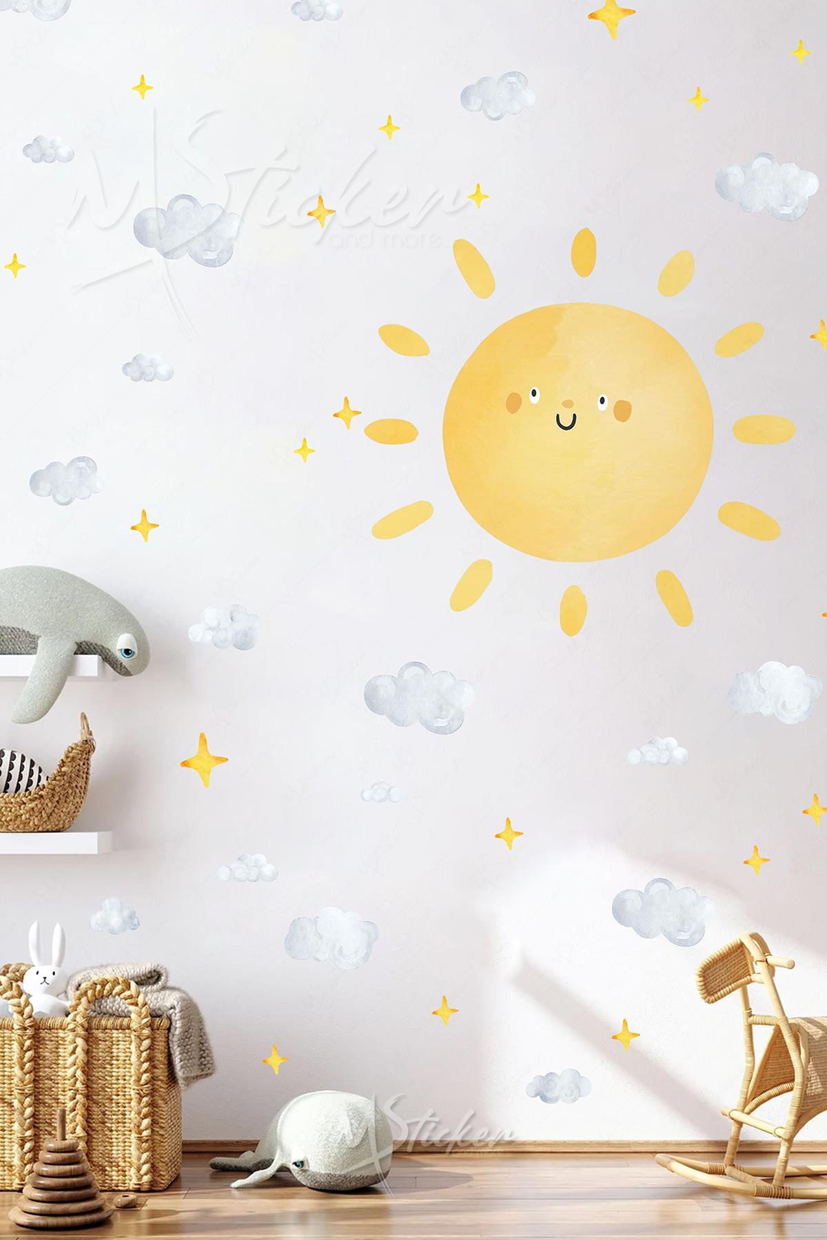 Sevimli Güneş Bulutlar ve Yıldızlar Soft Renklerde Çocuk Bebek Odası Sticker Seti