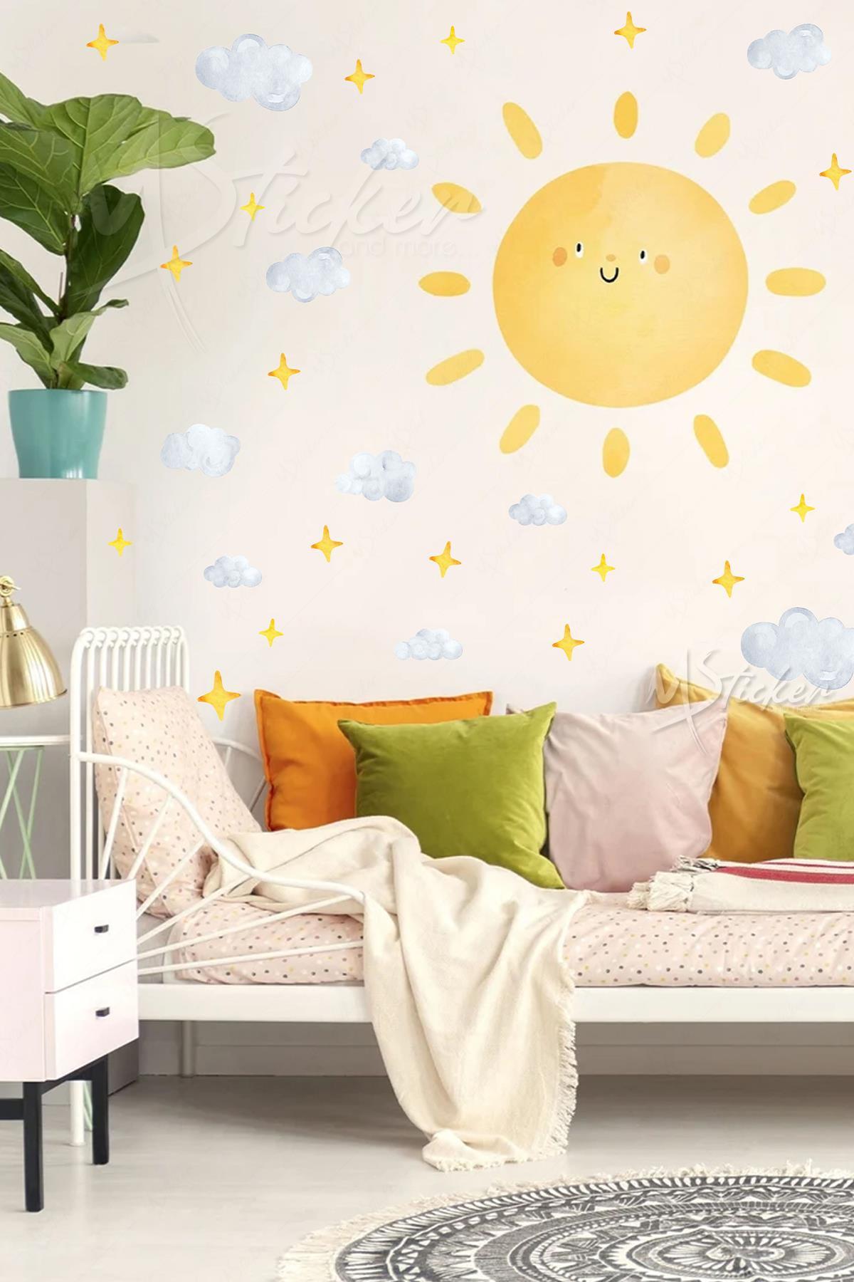 Sevimli Güneş Bulutlar ve Yıldızlar Soft Renklerde Çocuk Bebek Odası Sticker Seti