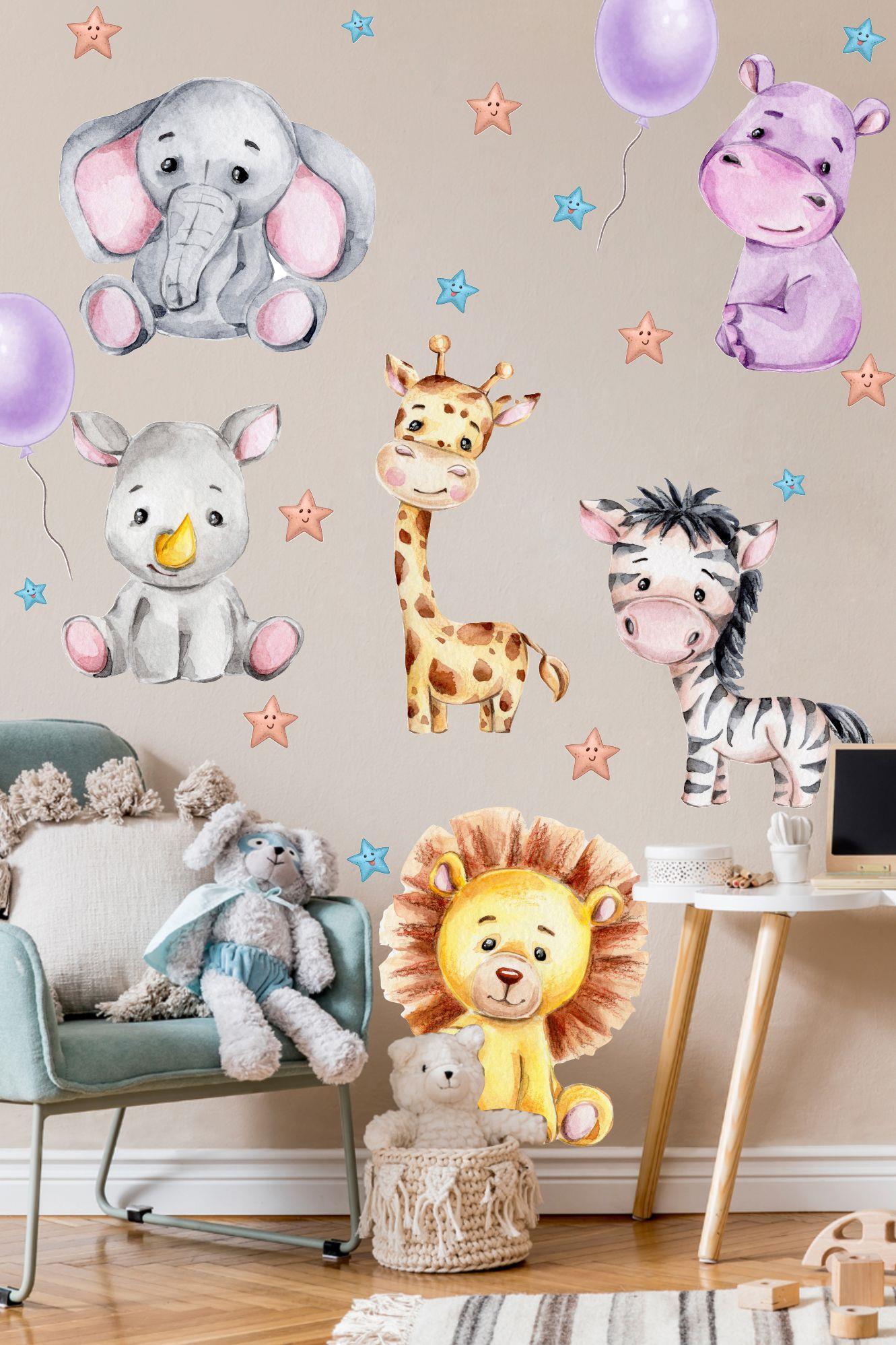 Sevimli Hayvanlar Balon ve Yıldızlar Çocuk Bebek Odası Sticker Seti
