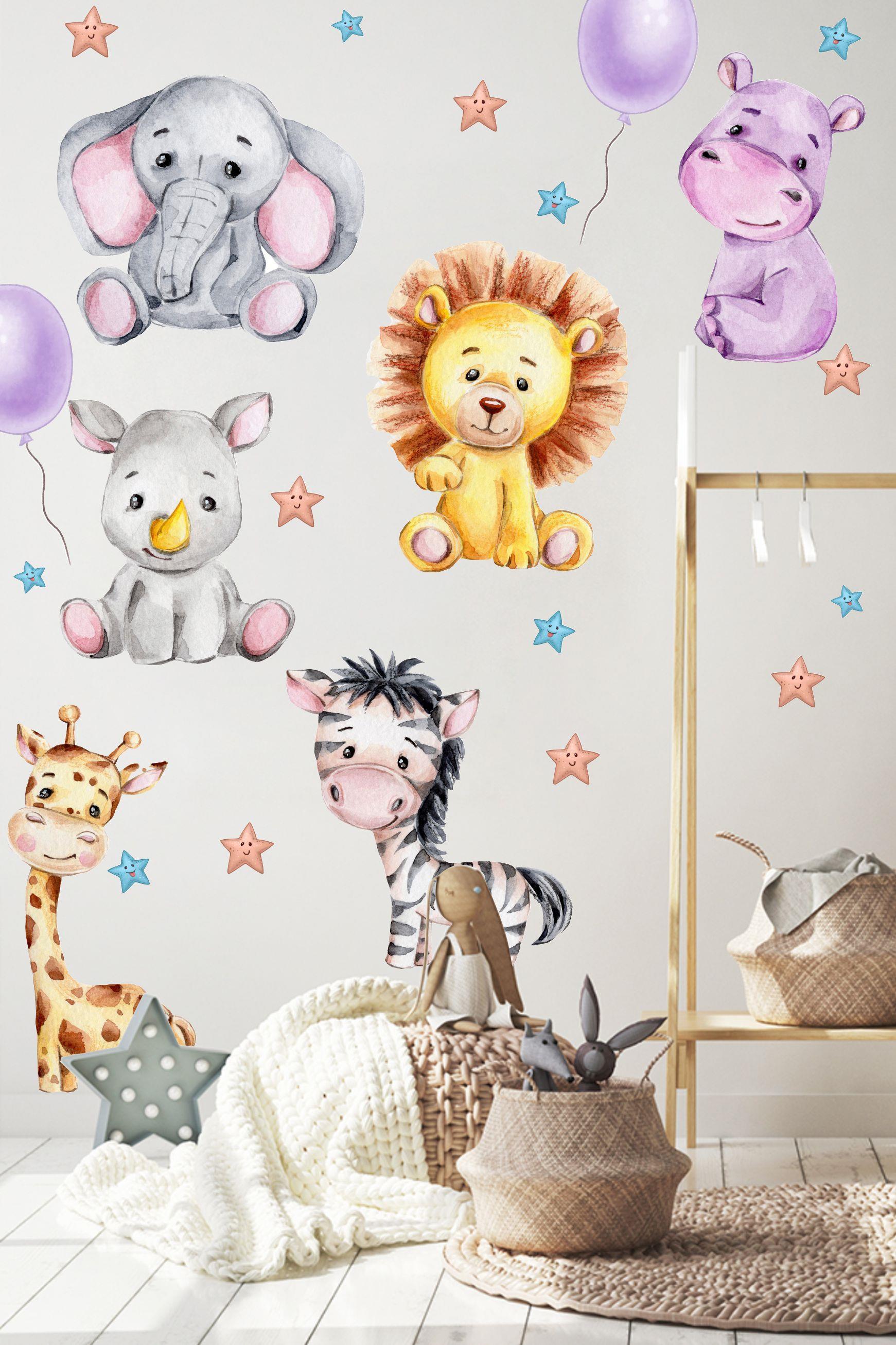 Sevimli Hayvanlar Balon ve Yıldızlar Çocuk Bebek Odası Sticker Seti