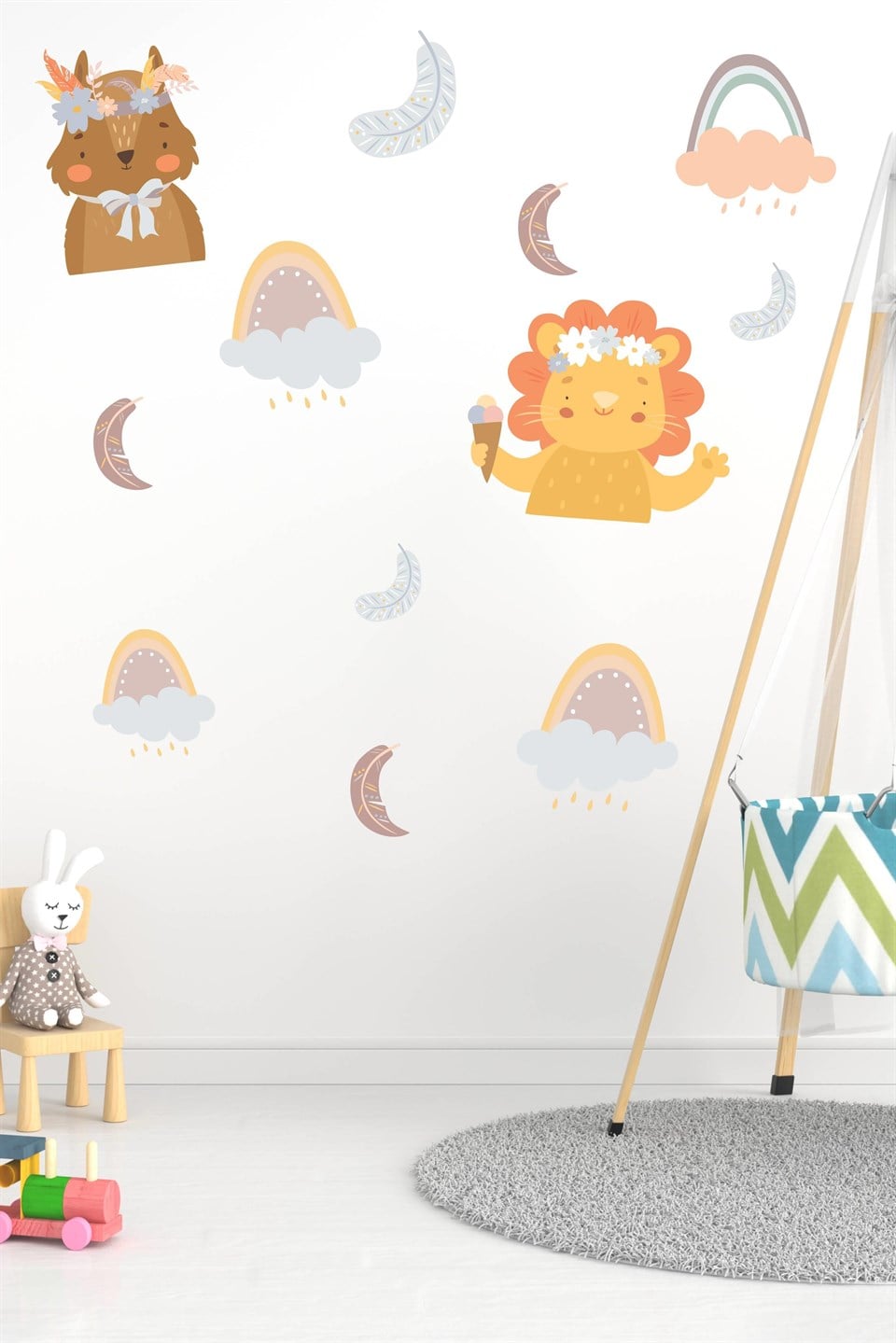 Sevimli Hayvanlar Gökkuşakları,Yapraklar Çocuk Bebek Odası Sticker