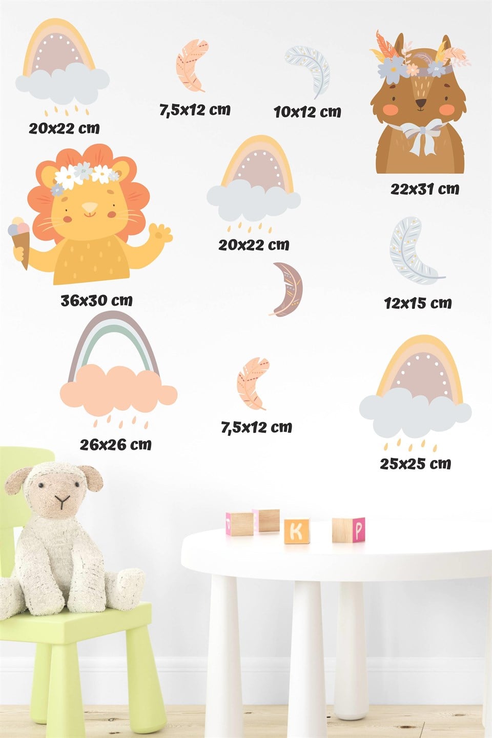 Sevimli Hayvanlar Gökkuşakları,Yapraklar Çocuk Bebek Odası Sticker