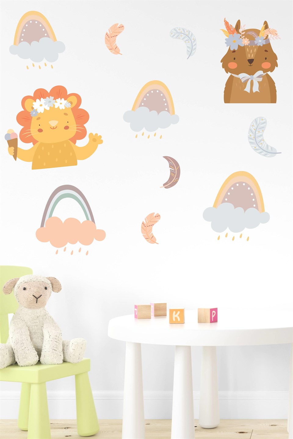 Sevimli Hayvanlar Gökkuşakları,Yapraklar Çocuk Bebek Odası Sticker