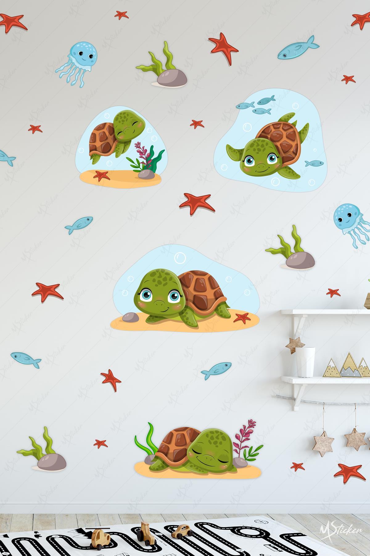 Sevimli Kaplumbağalar ve Deniz Canlıları Çocuk Bebek Odası Duvar Cam Dolap Sticker Seti