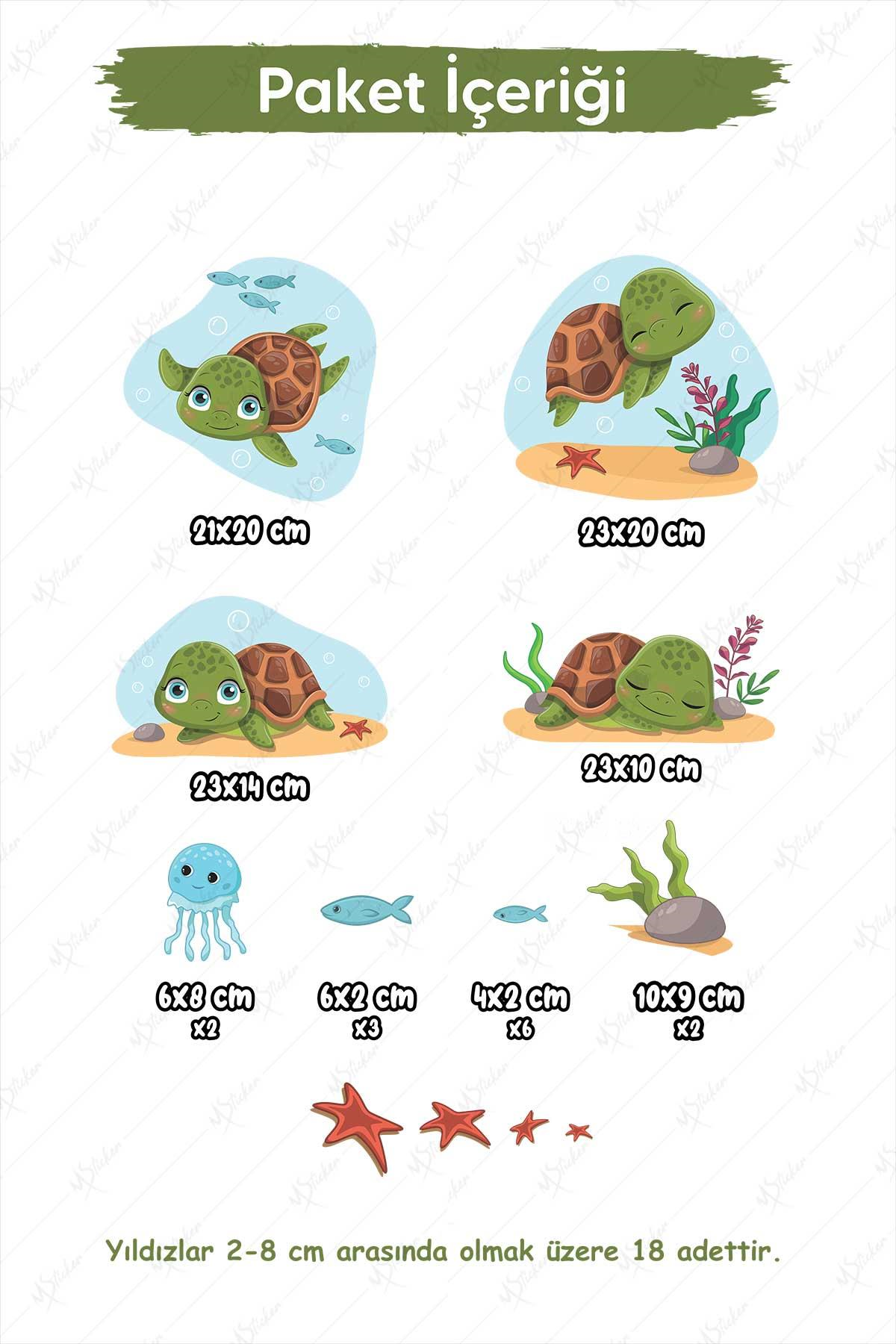 Sevimli Kaplumbağalar ve Deniz Canlıları Çocuk Bebek Odası Duvar Cam Dolap Sticker Seti